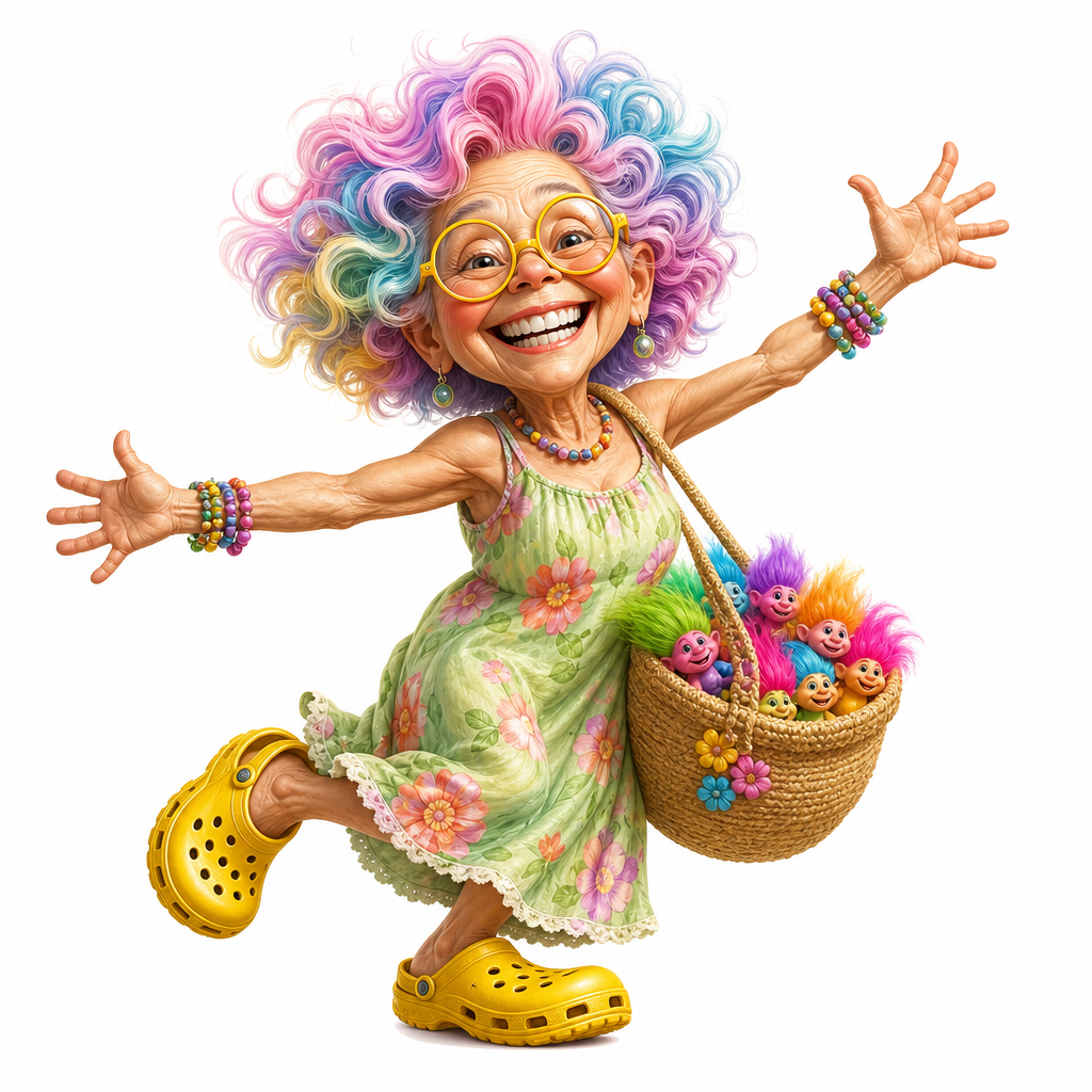 cute caricature  Illustration of a cheerful, elderly woman with wild, colorful pastel hair styled in voluminous curls, wearing round glasses with yellow borders and a broad, toothy grin. She wears a light green floral summer dress and oversized bright yellow clog-style shoes. She is trapped in a joyful, dancing pose with her arms outstretched, carrying a woven straw shoulder bag full of tiny, colorful, expressive troll-like toy figures. 50 pixel, Rendering in Native 4K. oil painting, white background