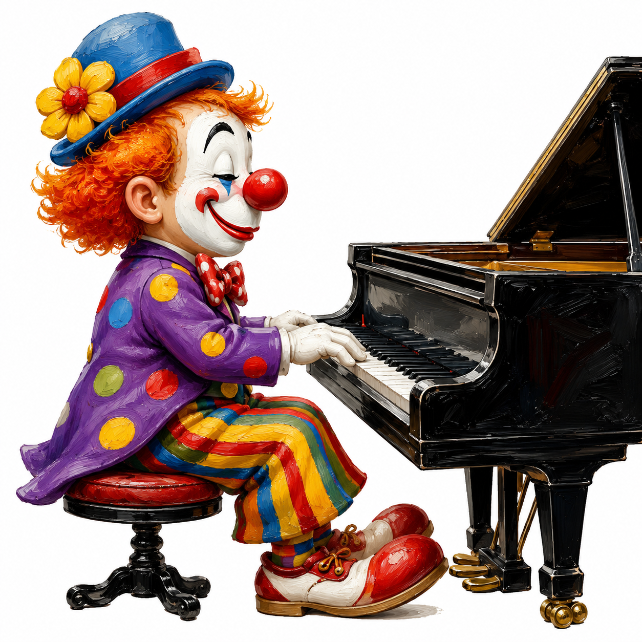 Cute Caricature side-view Clown plays piano  Rendering in Native 4K, Oil Painting, White Background
