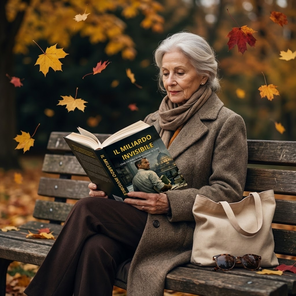 Una donna anziana, elegante, siede su una panchina di legno in un parco autunnale. Foglie gialle e rosse cadono lievemente. Tiene il libro "IL MILIARDO INVISIBILE" sul grembo, con la copertina frontale ben visibile. Accanto a lei, una borsa di tela e un paio di occhiali da sole. Atmosfera tranquilla e riflessiva. Stile realistico ma con un tocco minimalista, attenzione ai dettagli della texture della carta e della stoffa. Palette di colori autunnali: giallo, arancione, marrone, verde scuro. 4K, formato quadrato (1:1).