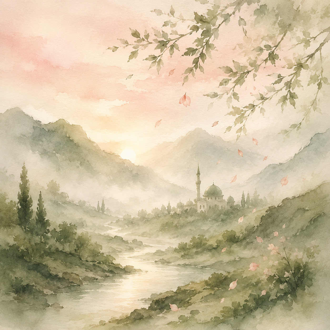 Delicate watercolor painting in soft ink wash sumi-e style, ethereal dawn landscape, a small distant mosque silhouette with dome and minaret nestled in a misty valley, surrounded by gentle rolling hills painted in soft sage green and muted moss tones, layered mountains in soft sage and dove grey in the background, a winding river or quiet stream flowing through the foreground, soft mist and morning fog wrapping around the base of the mountains, the sky a pale wash of dusty rose pink and warm ivory only at the horizon, foreground hills and trees in dusty sage green and soft olive, warm ivory and pale cream negative space, hints of pale gold dawn light glowing softly behind the mountains, a few sparse delicate olive branches with small sage green leaves arching gently from the upper right corner painted with very loose wet-on-wet technique with no defined outlines, leaves bleeding softly into the background, scattered drifting pale rose petals, hand-painted watercolor on textured paper, bleeding pigment edges, no hard lines, no defined outlines, painterly looseness, atmospheric haze, soft warm dawn light just breaking, contemplative reverent peaceful mood, refined restrained composition with generous breathing room, gallery-quality fine art watercolor, sumi-e influence, balanced palette of soft sage green for landscape and gentle dusty rose only for sky --ar 4:5 --style raw --stylize 500 --no text, letters, arabic script, words, typography, people, faces, animals, harsh colors, saturated orange, sunset, harsh lines, defined outlines, crisp edges, busy composition, dense foliage, wreath framing, dominant mosque, clipart, stickers, monochrome, grey only, pink mountains, all pink, magenta, burgundy, wine, purple --v 6.1