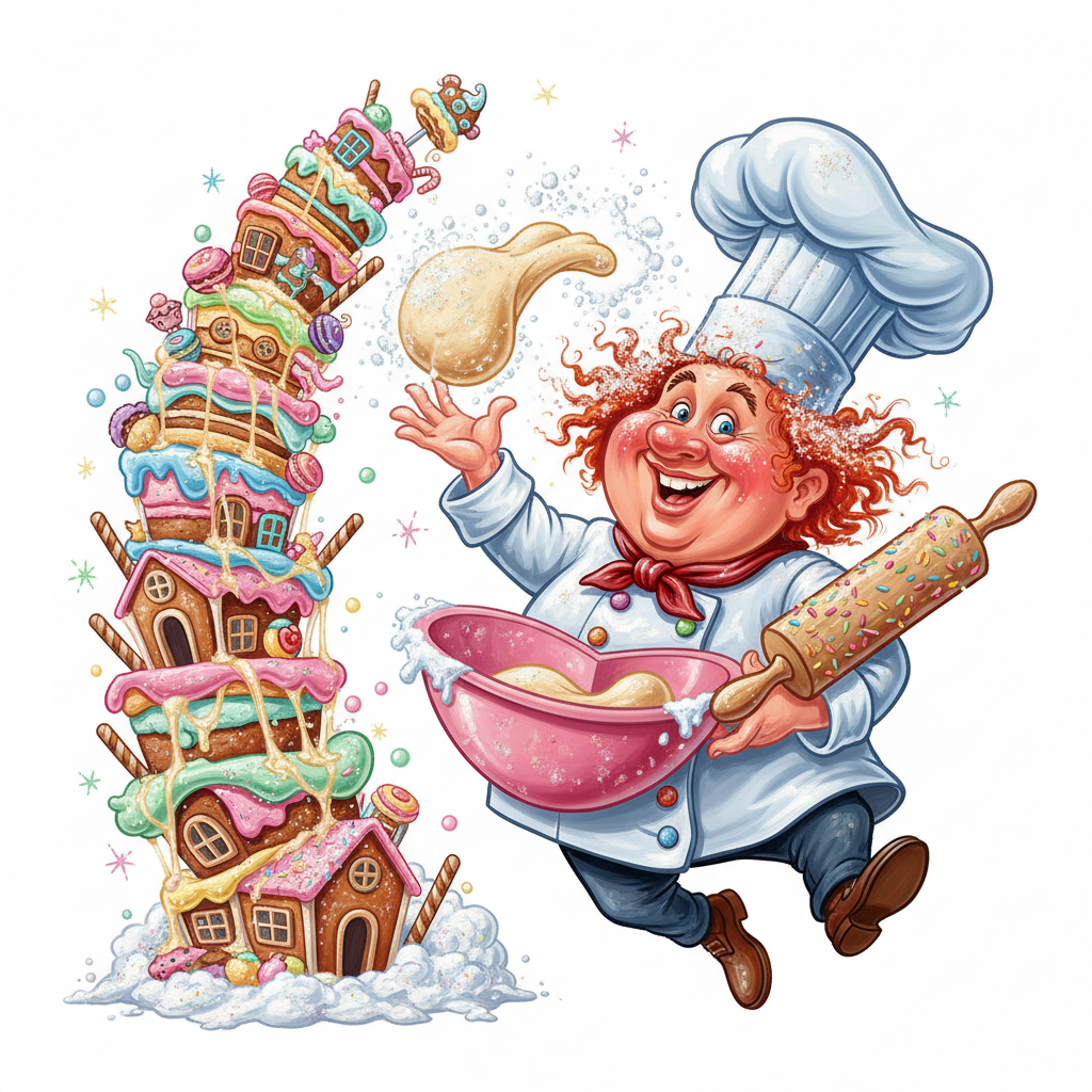 cute caricature glossy a caricature of an eccentric pastry chef, with a tower of impossibly stacked
cakes teetering beside them, engaged in a comical game of dough-tossing, with a sprinkle
of flour and sugar adding a touch of whimsy to their tousled hair.  Rendering in Native 4K. ,oil painting, white background