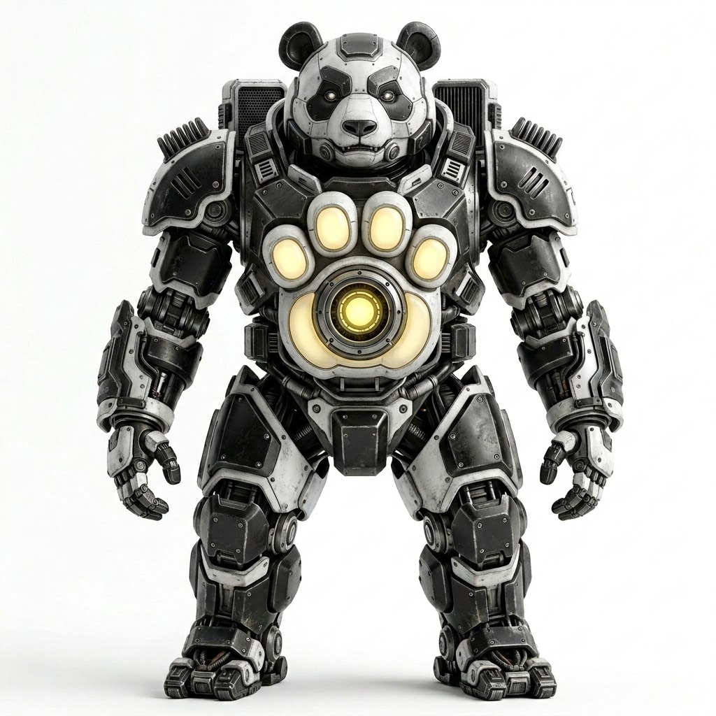 Front view, facing the audience.
Full body visible from head to feet.
No cropping.
Full-length character shot.
Ultimate heroic Gundam-style standing pose.
The character stands in a powerful and iconic frontal hero stance.
Feet firmly planted slightly wider than shoulder-width apart.
Legs straight and stable.
Torso upright and vertical.
Chest expanded forward.
Shoulders broad and squared.
Arms naturally lowered.
Head facing forward.
Eyes looking at the viewer.
Perfect symmetry.
Centered composition.
Clean white background.
Ultra-detailed 3D render of a giant panda wearing a heavy orbital combat mecha exoskeleton.
Heavy realistic mechanical design.
Industrial military machine.
Not decorative.
Not toy-like.
Not flat.
Panda Helmet
Fully enclosed panda-shaped mechanical helmet.
Clear panda silhouette.
Rounded armored contours.
Mechanical panda ears.
Black armored eye panels.
Sensor lenses.
Reinforced visor plates.
Helmet Ears
Two armored panda ears.
About 120% real size.
Rounded heavy armor.
Tilted outward slightly.
Realistic panda ear placement.
Heavy Mecha Armor
Black and white armor.
Thick overlapping plates.
Visible bolts and joints.
Deep mechanical gaps.
Structural frames visible.
Industrial engineering design.
Chest Armor β Panda Paw Cannon (Stable Version)
The chest clearly shows a panda paw-shaped weapon.
Simple strong panda paw shape.
One large center pad.
Four smaller pads above.
Clear panda paw silhouette.
Easy to recognize.
Must look like a panda paw from distance.
Central Cannon
The center pad is a large photon cannon.
Deep circular barrel.
Thick metal rings.
Strong yellow energy glow inside.
Heavy weapon design.
Finger Pads
Four raised finger pads above the cannon.
Each finger pad is thick armor.
Each finger pad glows soft yellow.
Finger pads clearly separated.
Rounded shapes.
No claws.
No nails.
Key Visual Rule
The chest must look like:
A PANDA PAW WEAPON
Not a reactor.
Not a symbol.
Not a pattern.
Real mechanical object.
Abdomen Armor
Segmented white plates.
Central line.
Pressure sealed edges.
Thermal System
Cooling radiators on the back.
Cooling fins on shoulders.
Space thermal system.
Rendering
Ultra detailed.
Photorealistic metal.
Hard surface modeling.
Deep shadows.
Sharp edges.
Heavy materials.
Studio
Clean white studio background.
No environment.
No scenery.
No objects.
No text.
No logos.
Centered full-body render.
Product-style.