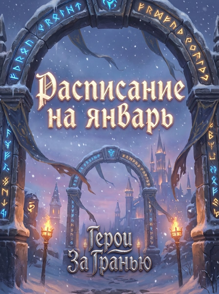 A high-quality fantasy-style cover image for a Telegram channel.
Theme: “January Schedule” for a fantasy project called “Heroes Beyond the Edge”.

Scene: a mystical fantasy world at the beginning of winter — ancient stone arches, glowing runes, banners fluttering in cold air, soft snowfall, warm magical lights in the distance. The atmosphere feels like the start of a new chapter or campaign.

Composition:
• Center-top: large, clear fantasy title text in Russian — “Расписание на январь”
• Bottom or subtle header area: smaller text — “Герои За Гранью”
• No modern elements, no UI, no calendars, no tables

Style: classic high-fantasy illustration, painterly, cinematic lighting, detailed textures, epic but cozy mood.
Color palette: cold winter blues and purples contrasted with warm golden magical glow.

Camera & framing: vertical composition optimized for Telegram cover, clear focal point, readable text space.

Quality: ultra-detailed, fantasy book cover quality, soft depth of field, professional illustration.