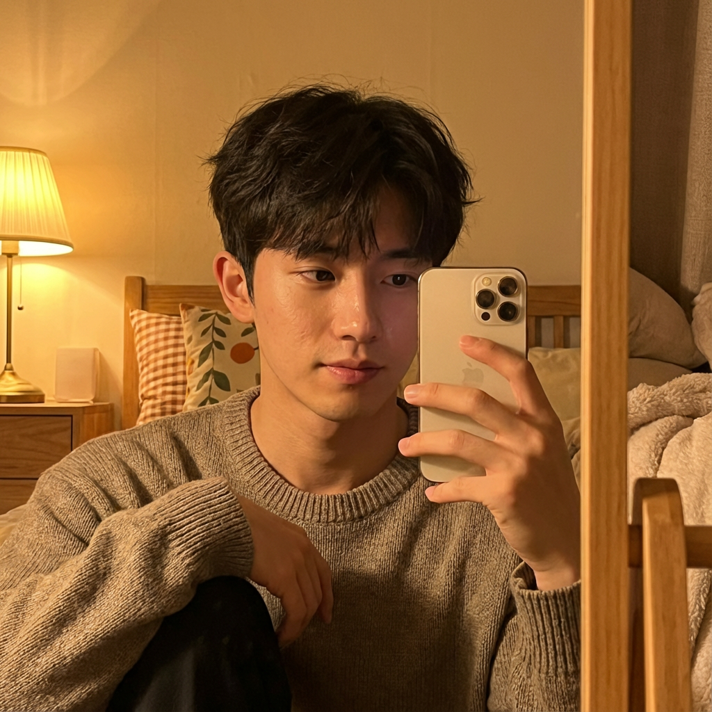 A realistic live-action young man taking a mirror selfie in a cozy indoor setting with warm ambient lighting. He is visible from the waist up, standing naturally in front of a softly lit mirror and holding an iPhone in one hand. He has short dark hair with soft texture, smooth skin, expressive eyes, and a calm, relaxed expression. The environment has warm tones, gentle shadows, and a comfortable home atmosphere with subtle details like pillows, warm lamps, or wooden furniture. The lighting is golden and flattering, with realistic reflections in the mirror and on the phone screen. High detail, natural skin texture, cinematic but cozy aesthetic.
