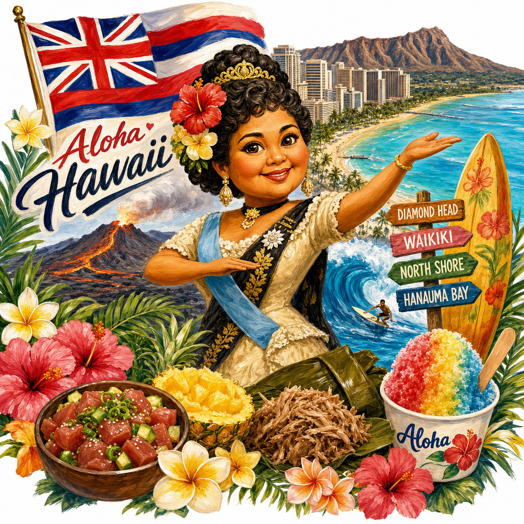 Cute Caricature Hawaii + Landesflagge + traditionelle Person Queen Elizabeth + typisches Essen + bekannteste Sehenswürdigkeiten + Blumen/Natur + 4K Oil Painting + White Background