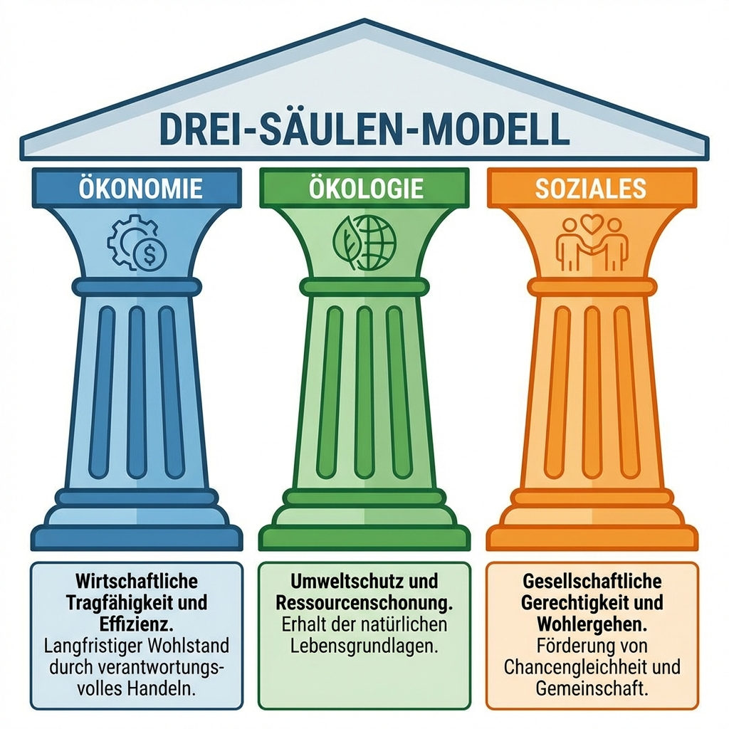 erstelle mir ein bild von einem 3 säulen model mit den themen ökonomie Ökologie und soziales bitte erkläre jedes theme mit einem kurzen text