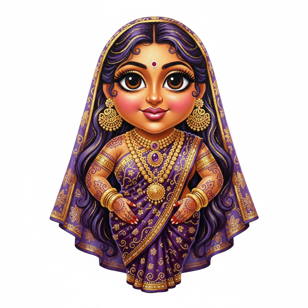 cute caricature glossy acrylic oil, mary engelbreit full body.Indian goddess has large, expressive eyes with long eyelashes, a gentle but commanding expression and full lips. Her skin is smooth and radiant and has a warm complexion. She wears large, elegant gold earrings that dangle up to her shoulders. Her long, flowing hair is deep purple with shimmering golden highlights, partially covered by an ornate purple and gold veil that falls gracefully over her head and shoulders. Her sari is made of a deep purple fabric with intricate gold embroidery and embellishments. Around her neck she wears a majestic layered gold chain with detailed patterns and a central gemstone. Her arms are adorned with gold bangles and intricate henna-like tattoos in purple and gold that extend from her shoulders over her arms.  oil painting, white background