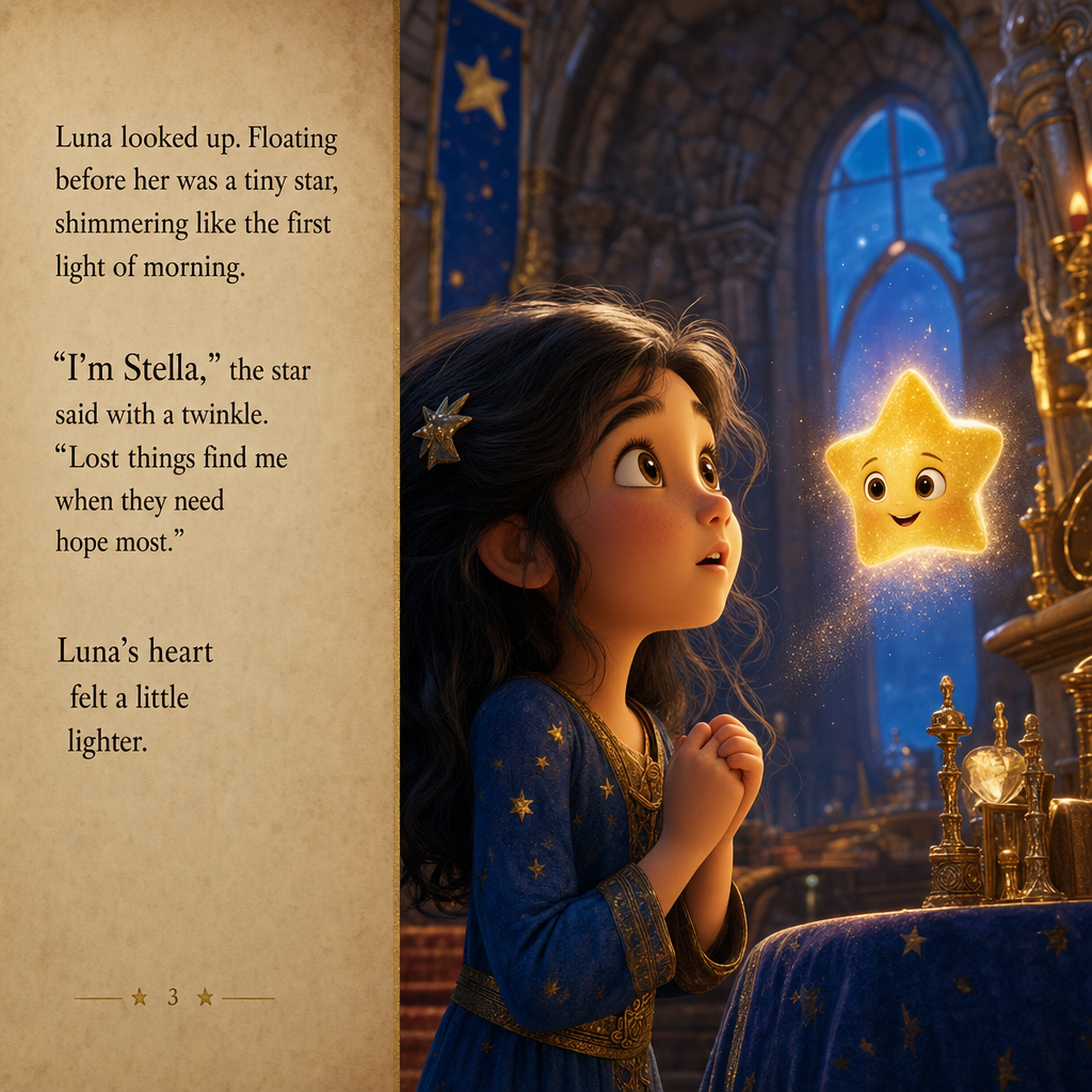 inematic 3D children’s book illustration, Pixar-style, ultra detailed, soft magical lighting, golden and blue color palette, highly realistic textures, dramatic storytelling composition, depth of field, 8k quality, vertical book page, emotional expressions, fantasy world design
