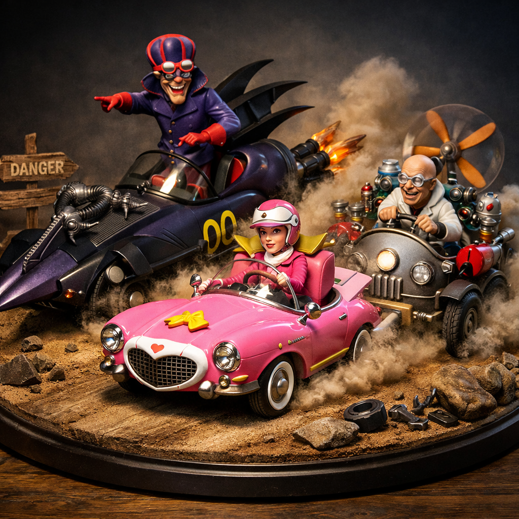 Ultra detailed realistic collectible statue scene inspired by Wacky Races.
Three iconic racers competing in a dramatic moment on a dusty race track:
• Dick Dastardly standing inside the Mean Machine vehicle while plotting a trick
• Penelope Pitstop driving her elegant pink Compact Pussycat
• Professor Pat Pending controlling the gadget-filled Convert-A-Car
The vehicles are positioned dynamically as if racing side by side through a dusty road curve.
Highly detailed vehicles faithful to the original cartoon designs:
• Mean Machine with dark purple body and mechanical trap devices
• Compact Pussycat bright pink elegant racing car
• Convert-A-Car filled with mechanical gadgets, propellers and inventions
Dust clouds and motion effects rise from the wheels while the racers compete intensely.
Environment designed as a cinematic desert race track with wooden signs, rocks and scattered mechanical debris.
Realistic materials and lighting: metal reflections, dust particles in the air, dramatic sunlight and shadows.
Photorealistic collectible statue scene, ultra detailed sculpt, cinematic lighting, professional studio render of a premium display statue.