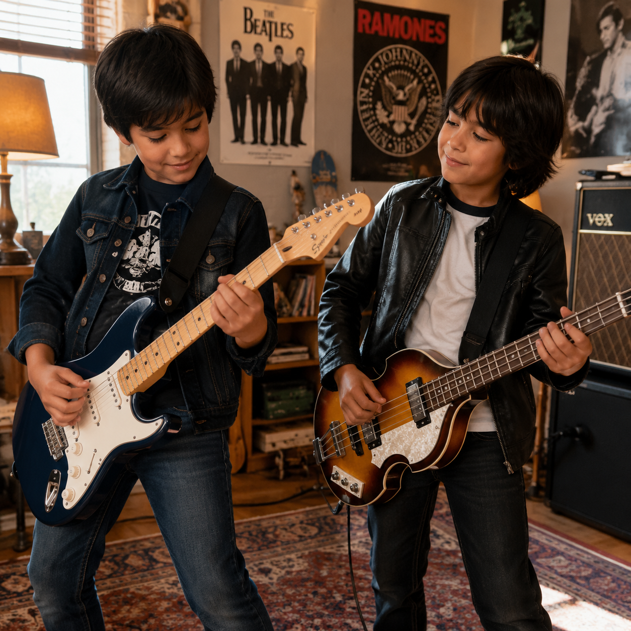 Junior plays the Mini Dark Blue Stratocaster Electric Guitar. and Angel plays the Small Hofner Violin Bass.