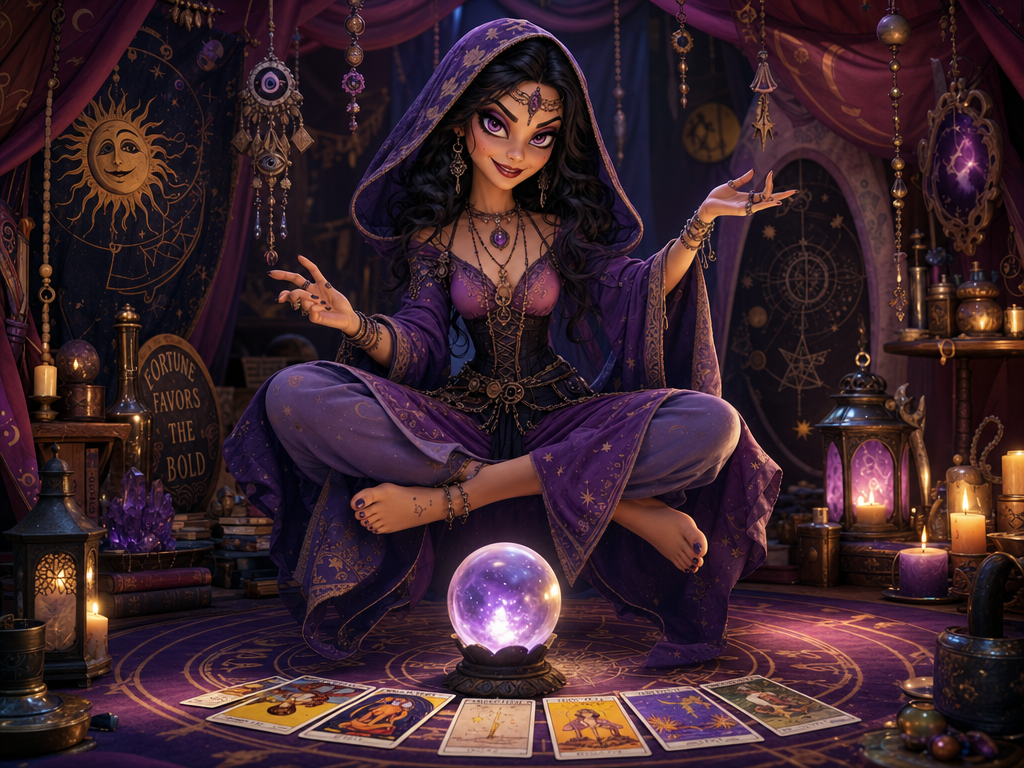 Change the design of the gothic oracle and, her suit and her position in her fortune teller's tent. Debe flotar levemente. The image must be in 3D Disney Pixar style and toon, not so dark. Exaggeration expressions and features. Parte de la decoración debe ser esotérica. Ella debe tener capucha o algo en la cabeza de adivina y una mirada inquietante aunque atractiva y una sonrisa maliciosa, y descalza con uñas pintadas y ocupar casi toda la parte vertical de la imagen con la bola de cristal para invocarla en frente Y cartas del Tarod. La imagen debe ser algo más ancha que alta y en una combinación perfecta que realce a la adivina que es la protagonista.