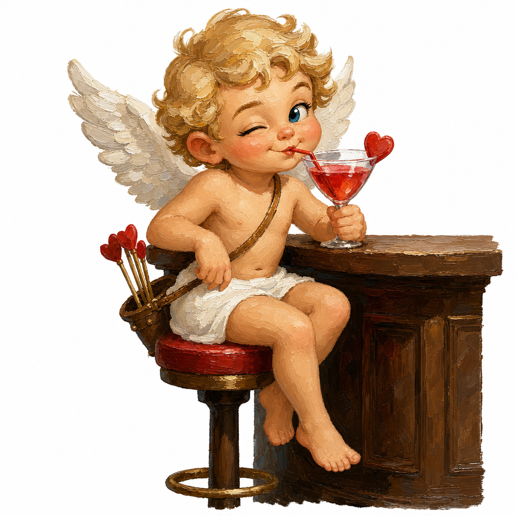 cute caricature A cute, winking, blonde-haired Cupid with wings sits at a bar, sipping a red cocktail through a straw.  Rendering in Native 4K, 50 pixels oil painting, white background