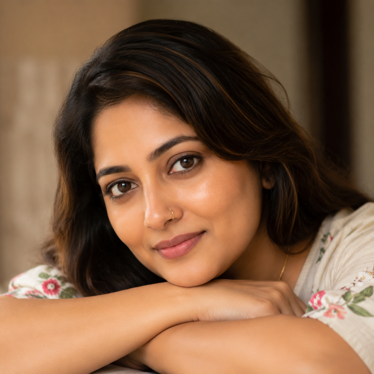 Photorealistic close-up portrait of an adult Indian woman resting chin on crossed arms, gazing softly at camera. Shoulder-length dark hair with subtle highlights, gold nose ring, gold necklace, natural makeup, gentle smile. Warm indoor lighting, shallow depth of field, blurred neutral background. Intimate, candid mood, smooth skin texture, studio glamour style. Soft shadows, high detail, 8k resolution, editorial headshot photography, serene expression, elegant and natural.