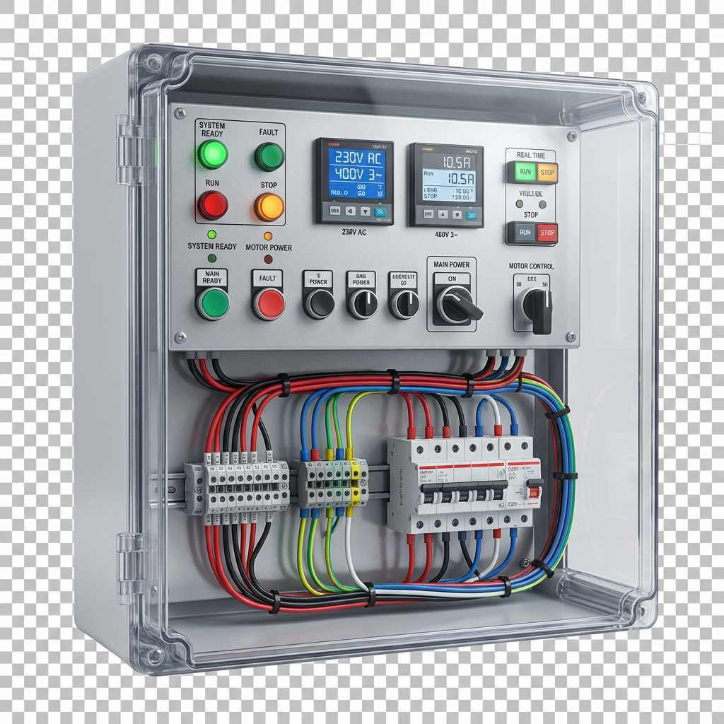 High-quality professional product photography enhancement of an industrial control panel inside a transparent electrical enclosure. Improve lighting with soft, even studio illumination, balanced highlights, and natural shadows. Increase sharpness, clarity, and material detail while preserving the exact original layout, colors, text, numbers, labels, wiring routes, components, and proportions. Maintain realistic plastic, metal, rubber, and glass textures with accurate reflections. Create a clean catalog-style product look with a precise cutout and transparent background. Ultra-high-resolution, photorealistic, PNG format.

Negative Prompt:
Do not change, redraw, correct, translate, or invent any text, numbers, logos, labels, or display values. Do not modify wire colors, thickness, routing, or connections. No added or removed elements, no color shift, no distortion, no blur, no glow, no artistic style, no CGI or illustration look, no cropping, no background after cutout.