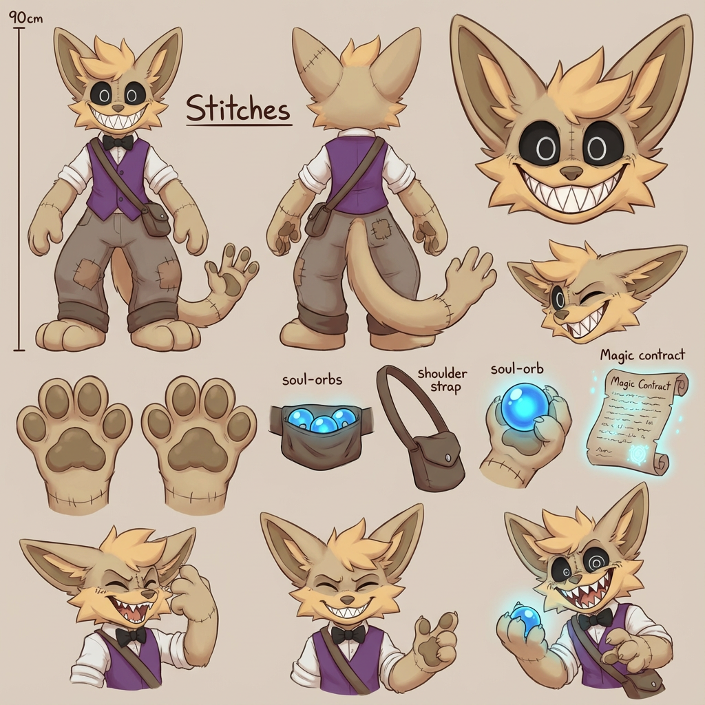Character reference sheet of an anthropomorphic fennec fox (furry). The character is a small, 90 cm tall fennec fox doll-like creature with stitched limbs, mismatched patches, and a wide sharp-toothed grin. Large expressive ears, back eye with two white circles inside, and a fluffy tail with hand on the end.
Clothing:
– White rolled-sleeve shirt
– Purple vest
– Black bowtie
– Brown pants with several stitched patches
– Belt with small beg of orb soul(balls)
– Shoulder strap with a pouch
Key features:
– Big soft pawpads (visible front and back)
– Stitch lines across body as if plush-like
– Mischievous / chaotic but cute expression
– Always smiling widely
– Optional magic contract scroll and blue glowing soul-orb
Reference sheet layout:
– Full-body front view
– Full-body back view
– Close-ups: head, paws, tail, accessories, potion, contract
– Neutral pose + expressive poses
– Soft shading, clean lines, warm palette, cartoony but detailed furry art style
Overall style:
Cute, mischievous, stitched-plush aesthetic; slightly toony but high detail; readable for character design.