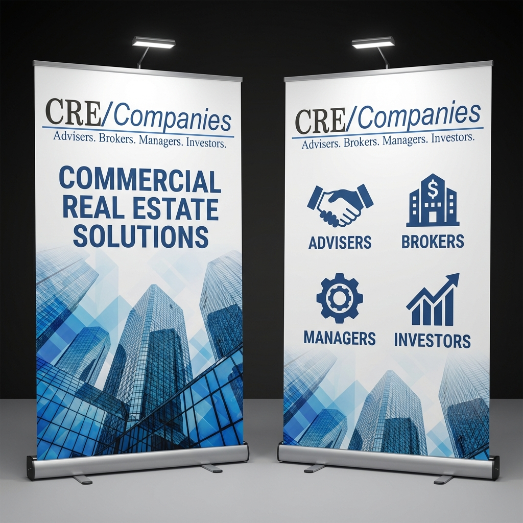 Using the logo, I need to create banners to use at a commercial real estate conference. the banners will be 1m x 1m in size. The banners should be eye-catching, modern, clean.