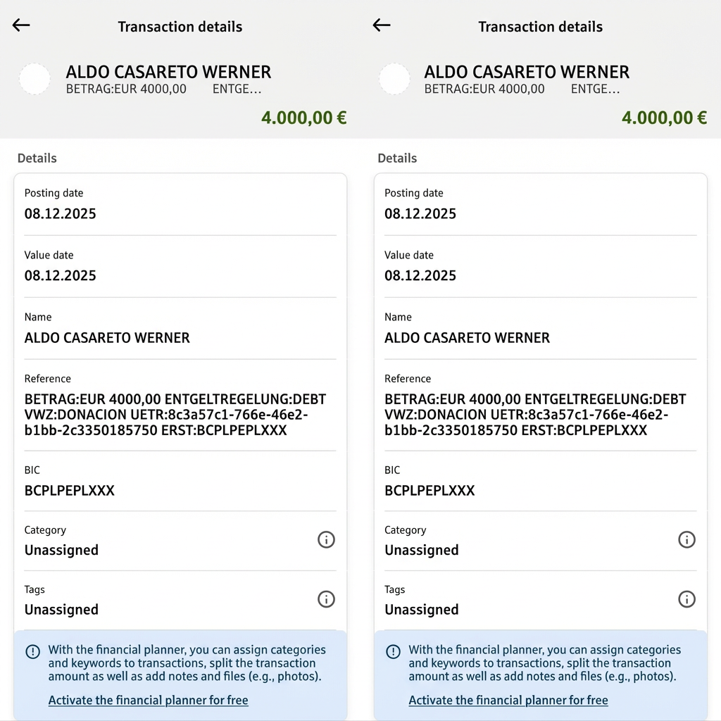 In the uploaded image, replace both dates ‘09.01.2026’ with ‘08.12.2025’. The first date is the Posting date, the second date is the Value date. Keep the font, color, size, spacing, and placement exactly as in the original image. Only change these two dates, do not modify anything else in the image.”