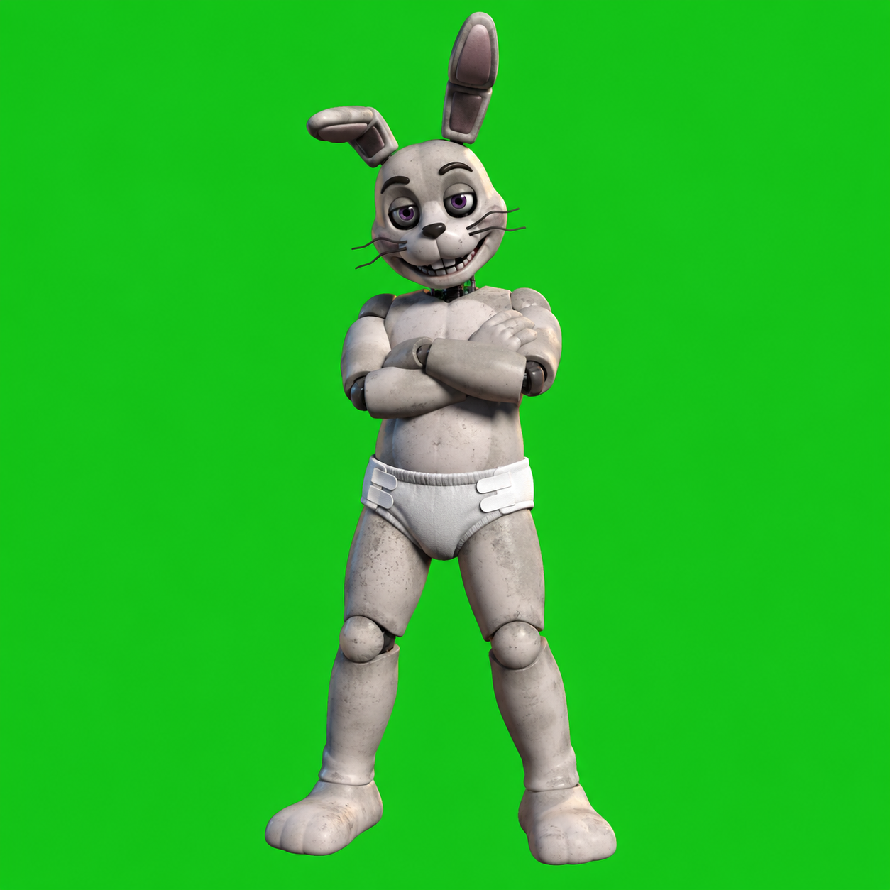 a FNAF male adult white bunny that wears a small diaper with white tabs and has no paw pads and has shading and there is a green screen