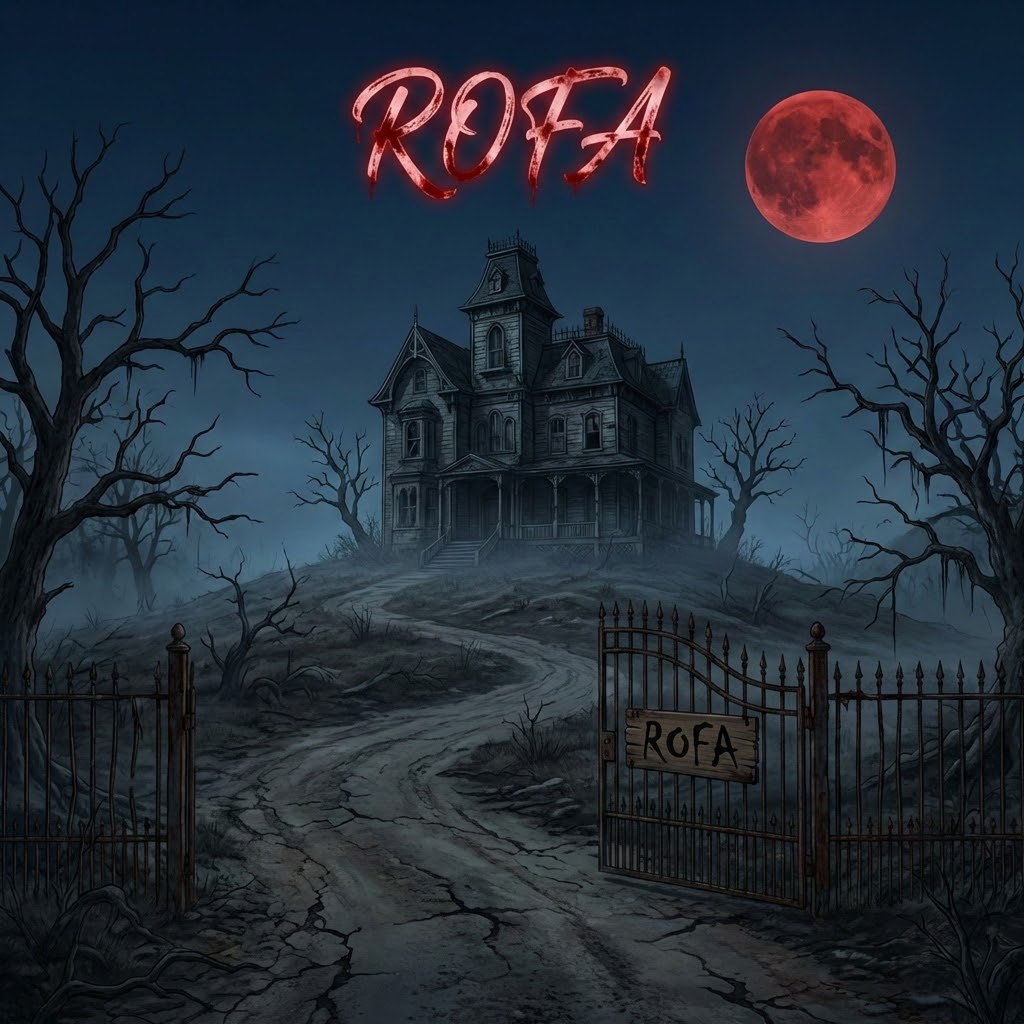 A terrible haunted house on empty hill.environment looks awful,and darkness. The sky is night sky and clear with blood moon,there is a long road front of the house. And there is gate front of that. It means road is visible after adding the gate and a text"ROFA" written on the gate's plate. And on the sky written "ROFA" with bloody colour script font style. And awful.terrible. animated. 4krelistic