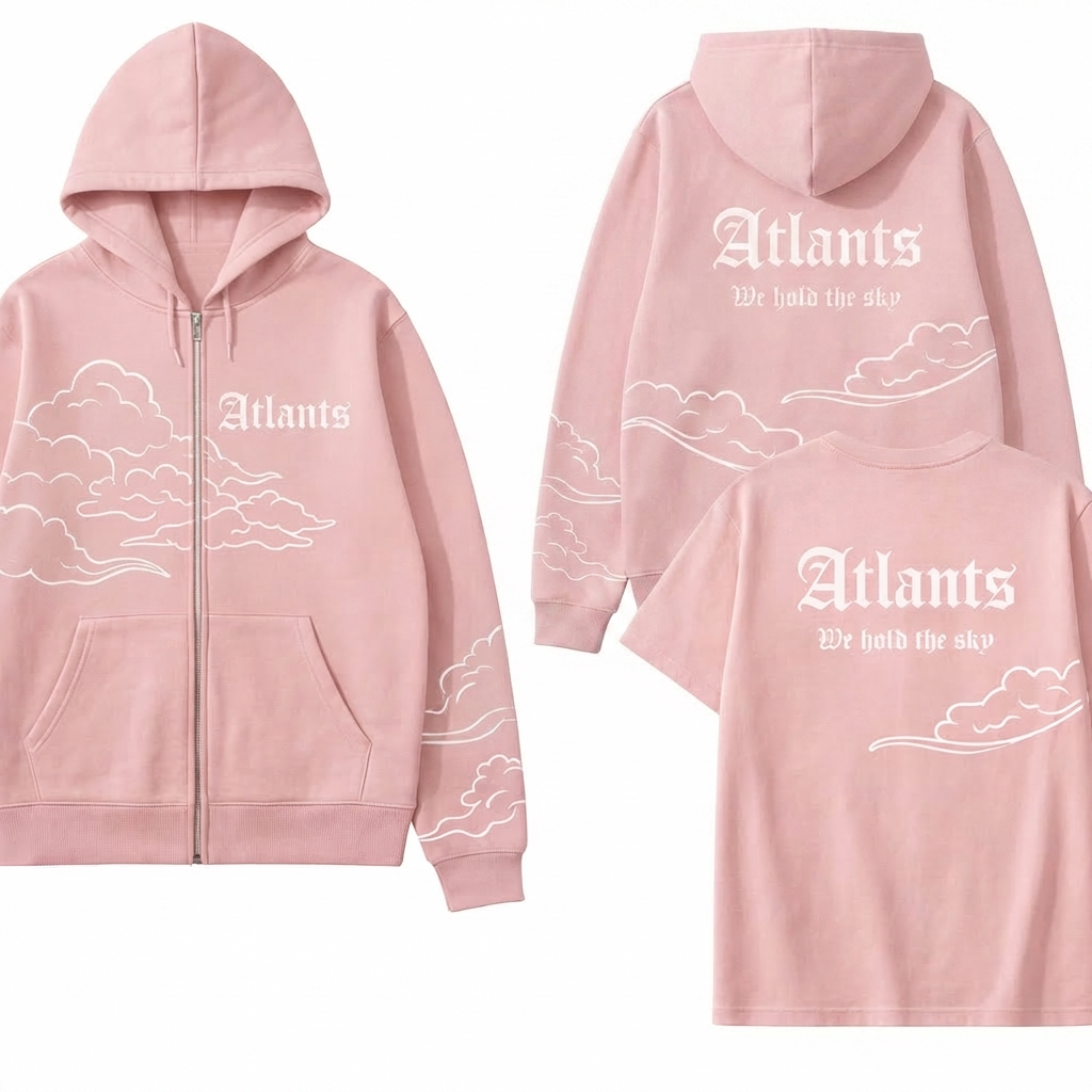 смести надпись Atlants с зипки вправо, для того что бы не было "разрывания надписи", когда она растегнута. облачко оставь и сделай его больше, контур облачка (лайн арт тучки), и сделай зад зипки но уже с надписью по центру и под надписью Atlants написать We hold the sky. облачки также сделай более обширней и элегантней, контуры лайн арт тучек.