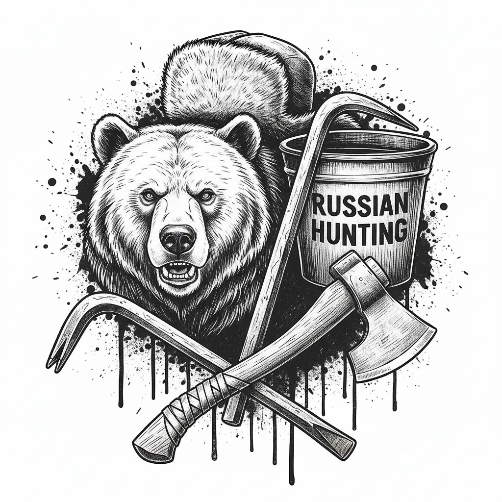 The picture is similar in black and white with forest animals, for example, a bear and a crowbar and an axe with the inscription: Russian hunting.