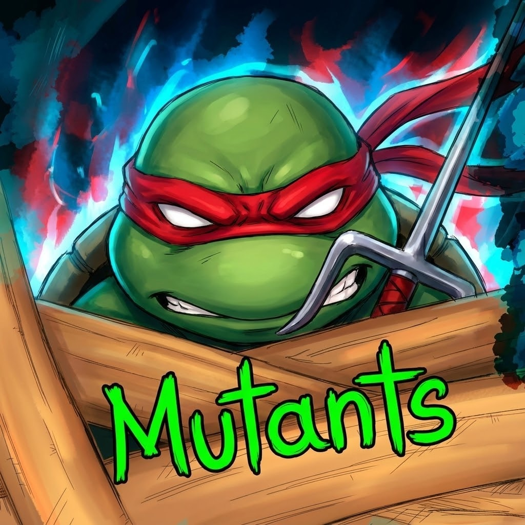 Change the text from Jujutsu K to Mutants and remove watermark making the text green, And also add the little blue red, blue more around to look better. And instead of the white haired blue eyes guy can you make a turtle similar to Raphael from Teenage Mutant turtles, having a red bandana and a jitte near him. Keep the same font, and make sure the image is in the same style as this one. Like a roblox GFX not just art

