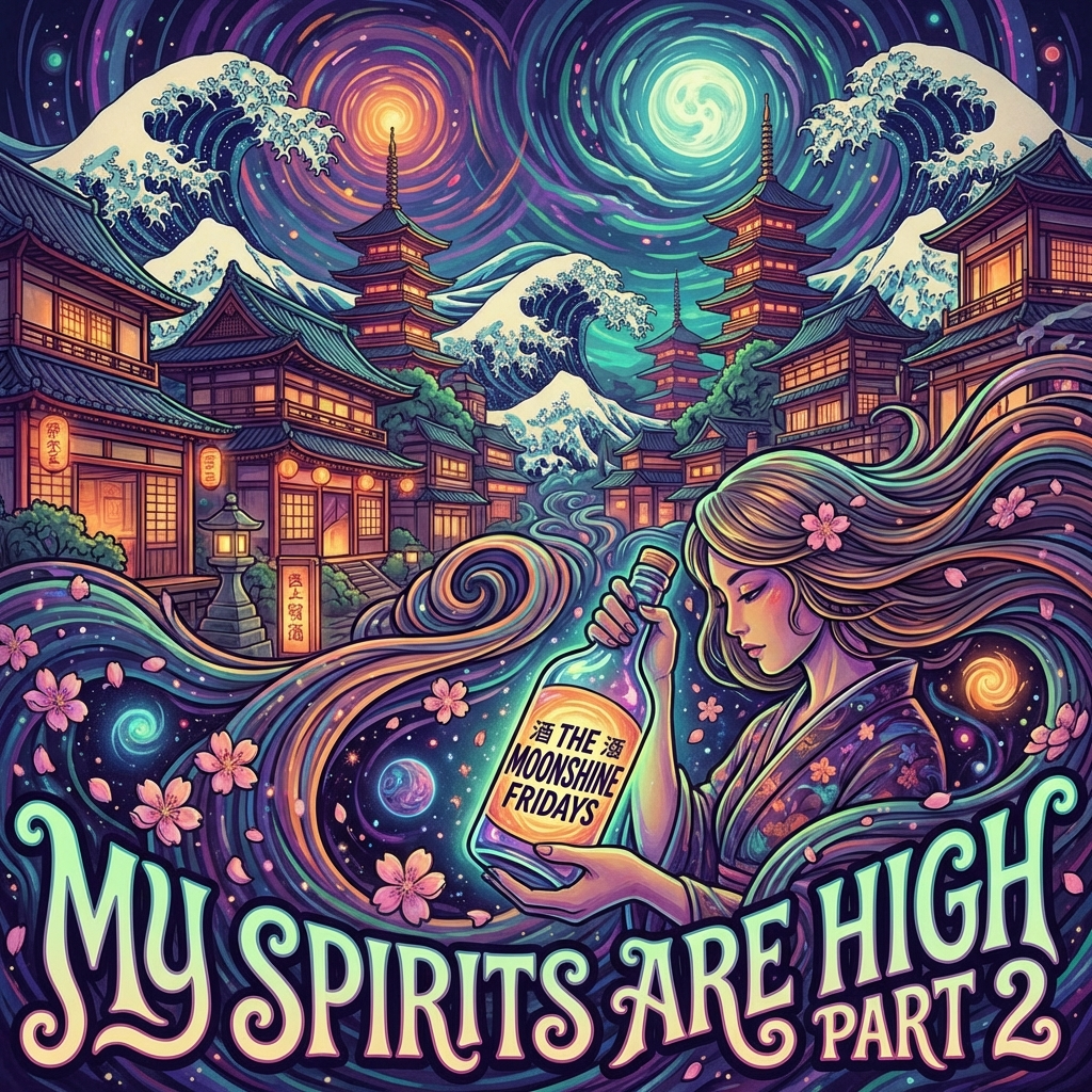 Cover art for a single release for the band the moonshine Fridays

A psychedelic universe with the Japanese city of Osaka as the backdrop. The word Osaka should not appear anywhere.

Style; japanese psychedelic art

Band mane: The Moonshine Fridays

Song name: My Spirits are High Part 2