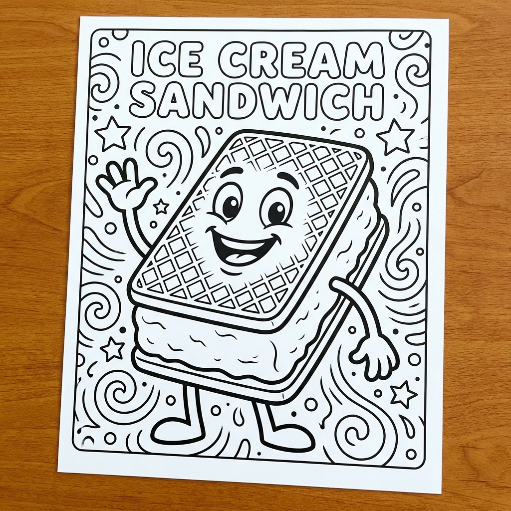 Create a kids colouring page: A smiling ice cream sandwich waving, with wafers on top and bottom.