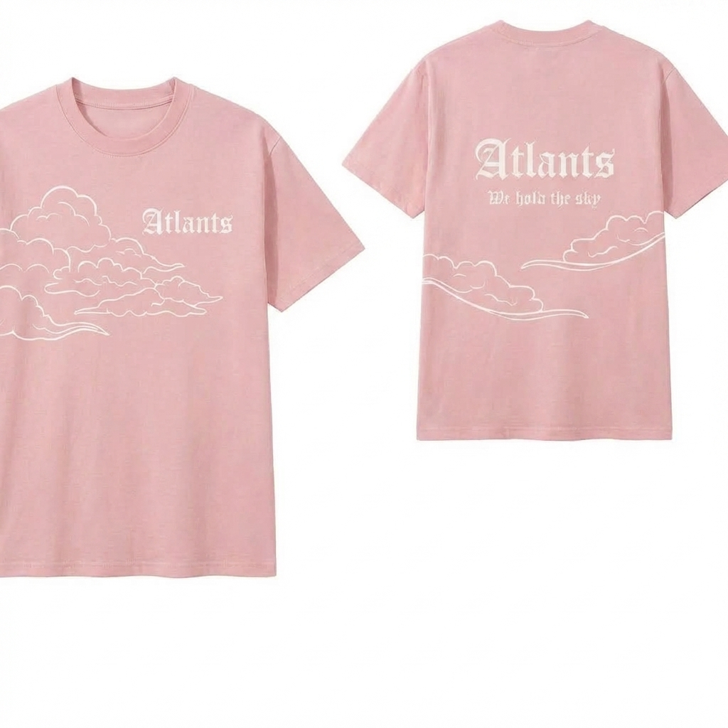 сделай футболку, под такую же стилистику, слева перед футболки, справа задняя часть футболки. сохрани все надписи и контуры лайн арт тучек