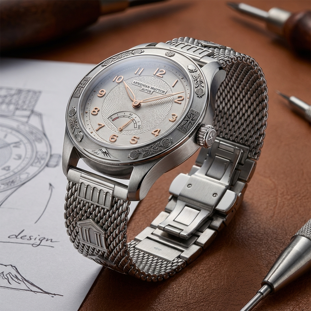 I would like to generate an image for the prototype of the wrist watch, it should have luxury design stainless steel with Armenian motives not too regional but something unique, should have sapphire glass and interesting metal strap