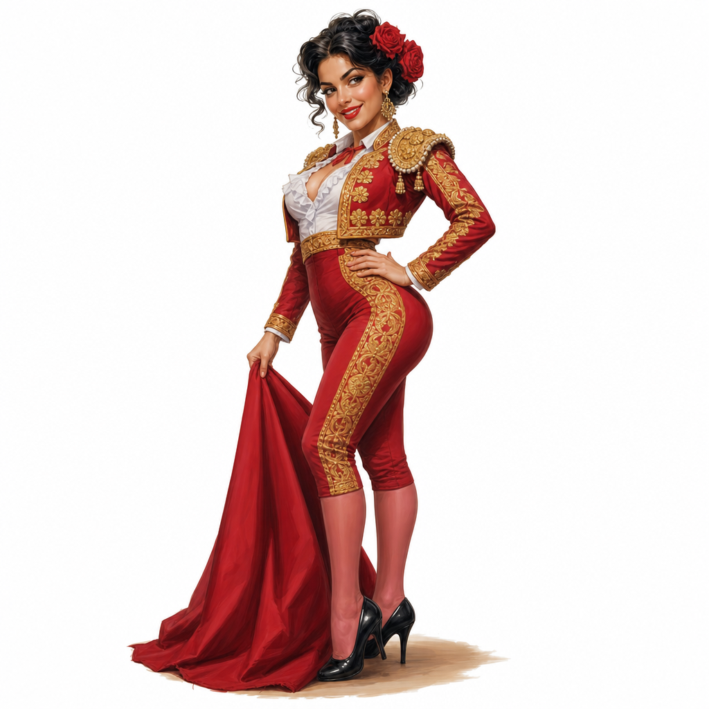 Cute Caricature Spanish woman in pin-up style dressed as matador.  Rendering in Native 4K, Oil Painting, White Background