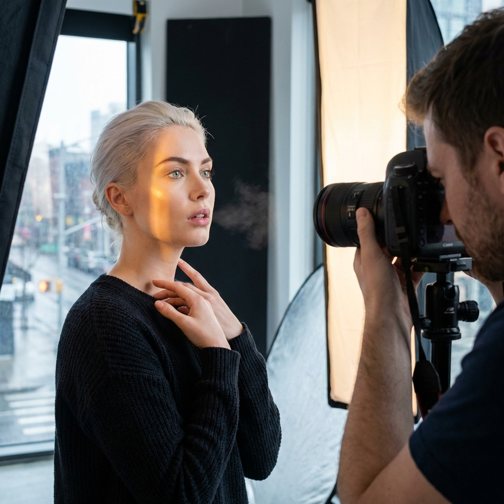 The first thing you notice is the way the light licks across her cheekbone—a molten gold streak against porcelain, like someone dipped a brush in honey and dragged it just once across damp paper. Then the eyes hit you. Not blue, not green, but the exact color of Arctic meltwater where glaciers calve into the sea. 

She exhales through slightly parted lips and you swear you can see the warmth of it, the faintest cloud against the studio's crisp air. The photographer murmurs "hold that" as the shutter clicks—that perfect moment when her platinum hair catches the rim light and fractures into a thousand blue-white filaments, each strand mapped with impossible precision from root to tip. 

Downstairs, the barista steams milk. Traffic hums through rain-slick streets. But here, in this suspended moment, there's only the whisper of the lens diaphragm contracting, the scent of her bergamot-scented hairspray, and the almost imperceptible tremor in her fingers where they rest against her collarbone—not nervous, but alive. So terribly, beautifully alive., photorealistic, hyperrealistic, 8k uhd, professional photography, detailed, masterpiece, best quality, mastercraft quality, perfect detail, professional grade, 8k uhd, cinematic lighting, film quality, perfect balance, atmospheric, professional atmosphere, clean, polished, highly detailed, intricate, woman, female subject, natural environment, outdoors, wilderness, daytime, daylight, sunny day