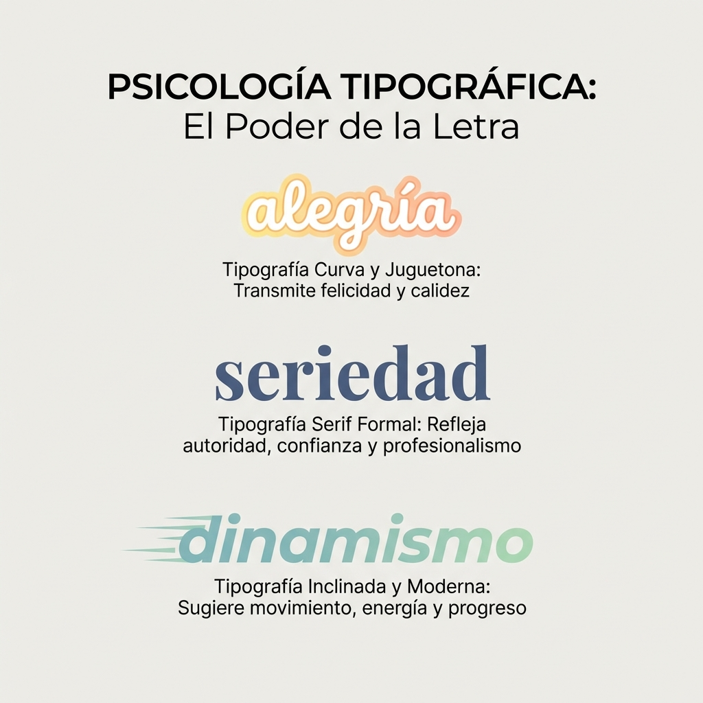 "Imagen vertical estilo educativo, mostrando la psicología tipográfica: varias palabras como 'alegría', 'seriedad', 'dinamismo', cada una en tipografía diferente que refleje su emoción, fondo neutro, diseño moderno y claro, ideal para diapositiva universitaria, colores suaves, buena legibilidad."