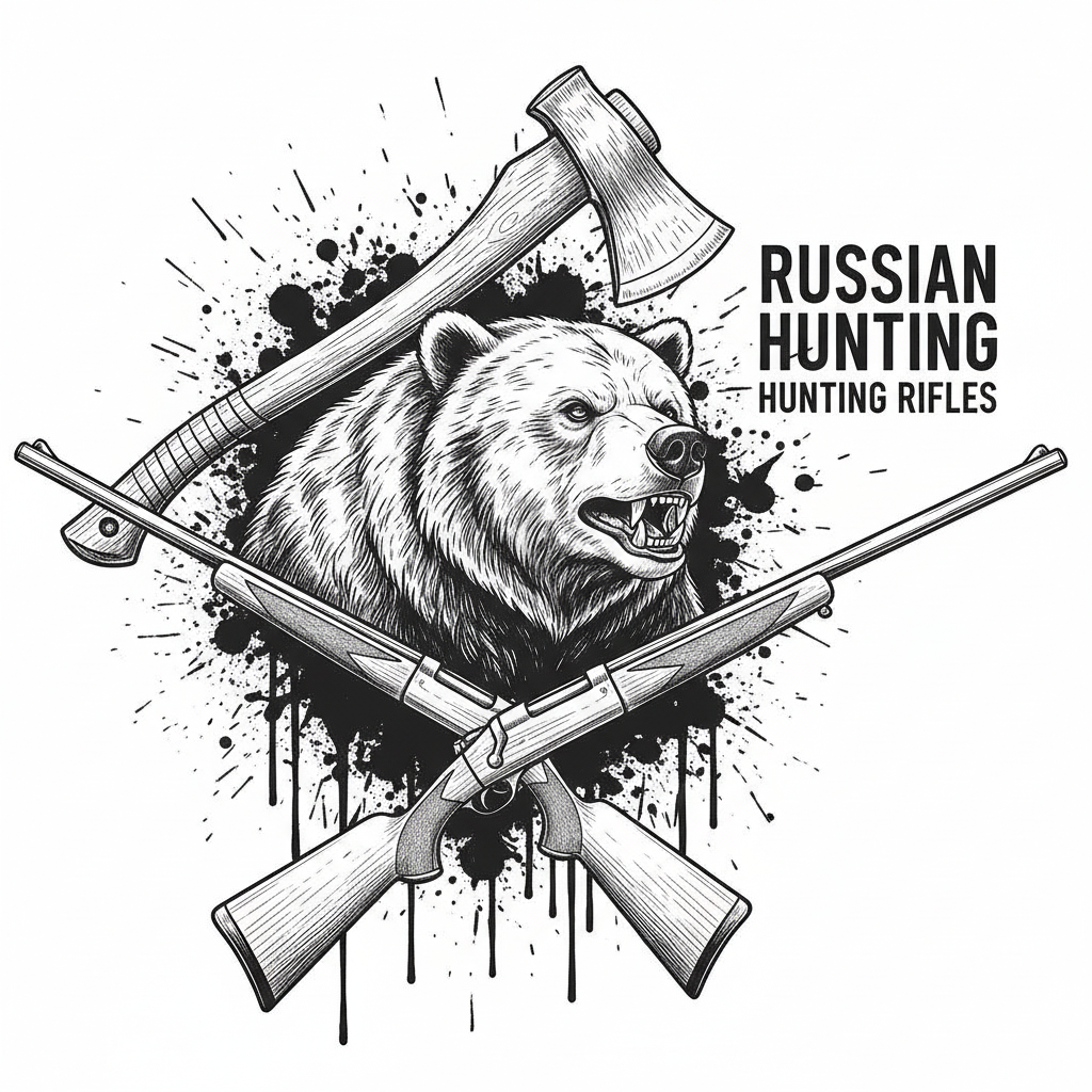Make a similar picture, but with a bear and an axe instead of a bucket with the inscription: Russian hunting. Hunting rifles.Replace everything.