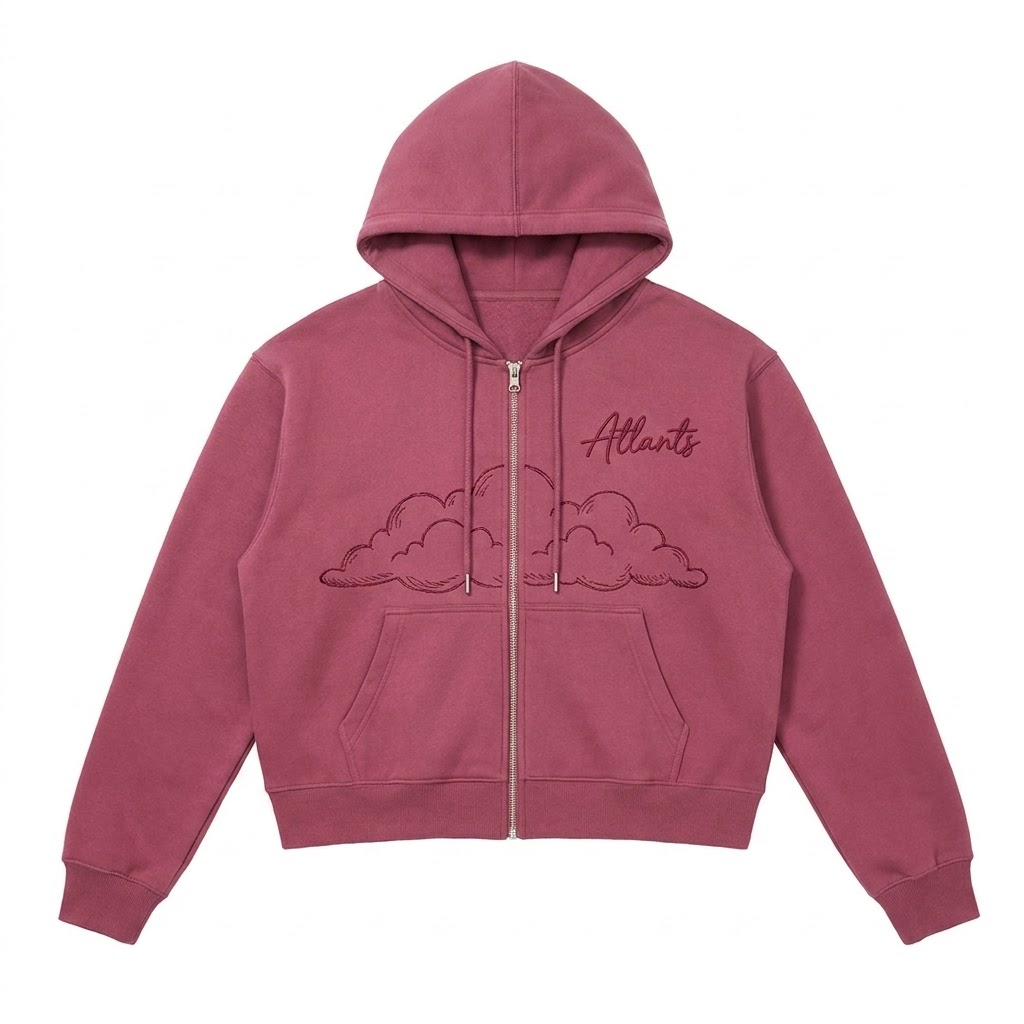 На кофте справа, где обычно логотип, сделай, пожалуйста, надпись Atlants рукописным текстом, посередине сделай нарисованный контур облачков, сделай так чтобы это можно было вышить