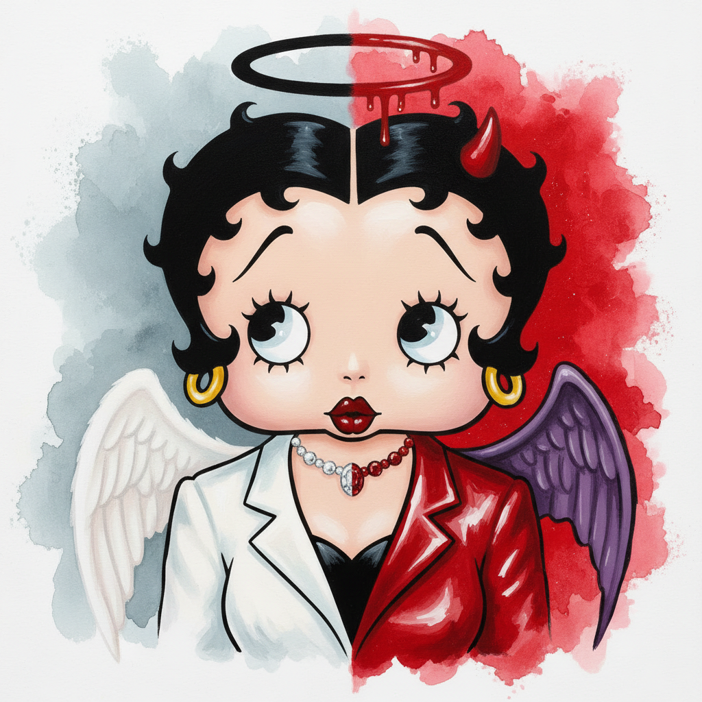 cute caricature glossy  Pop art duality aesthetics „good versus evil“ of a character inspired by Betty Boop, depicted symmetrically divided in the center. The left side features a white angel wing, a white lapel on a blazer, and a soft background with watercolor texture in cool shades of gray. The right side features a purple devilish wing, a red blazer lapel, and a bright red watercolor background with subtle sparkles. The character has iconic black curly hair, large, expressive eyes, and a red pouty lip. Above her head is split a halo in black on the left and a dripping red on the right. She wears a necklace that transitions from white crystals to red stones. Rendering in Native 4K. ,oil painting, white background
