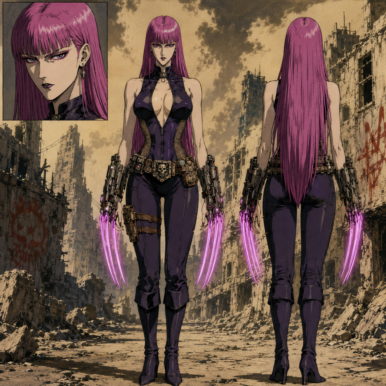 NP Prompt: Lady Valerica
A full-body character design reference sheet in a neutral standing pose, pure 1986 theatrical anime cel film style like Fist of the North Star. A retro anime movie reimagining of an elegant female wasteland matriarch named Lady Valerica. She is explicitly an adult female with a sharp, angular face shape, narrow piercing violet eyes, thin sharply arched dark eyebrows, a straight aquiline nose, thin downturned dark lips, and pale, almost translucent porcelain skin with a cool undertone. Her hair is vibrant violet-pink, styled in a severe, waist-length straight cut with blunt, heavy bangs covering the forehead. She wears a form-fitting, deep purple and black tactical regal bodysuit adapted for wasteland stealth, which is strictly sleeveless to expose her arms, with a plunging neckline and sheer mesh panels along the ribs, highlighting her bust and narrow waist. A heavy utility belt with scavenged tech rests low on her hips. Her signature weapons are reimagined as glowing wrist-mounted industrial energy claw devices on both forearms. She is standing straight in a neutral, relaxed pose facing the viewer, arms bare and resting naturally at her sides, with a cold, focused, and serious neutral expression. Simple dusty sun-baked ruined city background with harsh lighting to highlight the character design. Thick slightly wobbly hand-inked black outlines, heavy dense cross-hatching, strong yellowish old celluloid tint, heavy film grain, muted desaturated wasteland palette of bone-whites and rusty reds, extreme high contrast hard shadows, raw vintage lofi theatrical OVA aesthetic, flat limited cel no gradients, subtle cel registration drift, intense understated post-apocalyptic atmosphere, highly detailed anime cel animation, masterpiece.