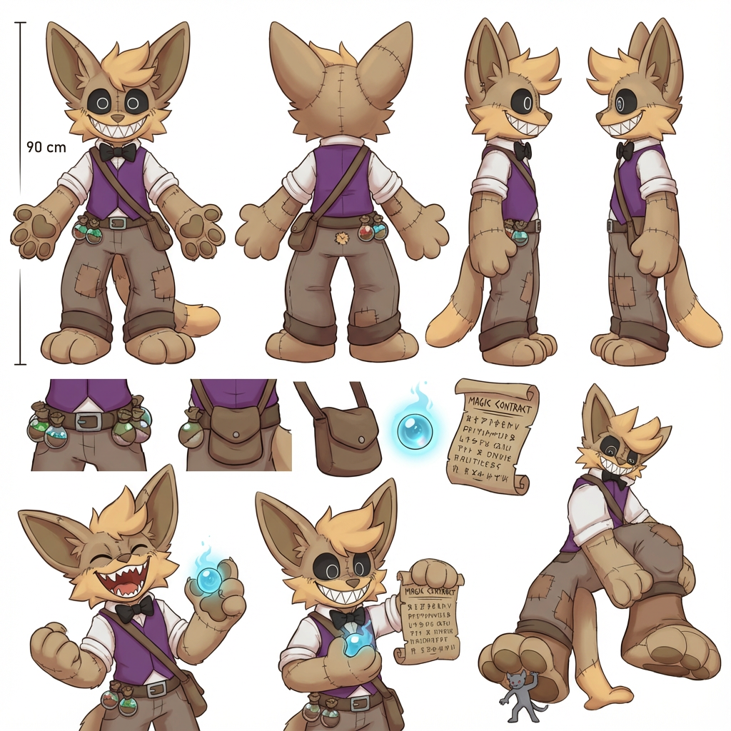 Character reference sheet of an anthropomorphic fennec fox (furry). The character is a small, 90 cm tall fennec fox doll-like creature with stitched limbs, mismatched patches, and a wide sharp-toothed grin. Large expressive ears, black eyes with two white circles inside, fur color from imagine and a tail with hand on the end.
Clothing:
– White rolled-sleeve shirt
– Purple vest
– Black bowtie
– Brown pants with several stitched patches
– Belt with small orb(finger sized balls) bags attached
– Shoulder strap with a pouch
Key features:
– Big soft pawpads (visible front and back)
– Stitch lines across body as if plush-like
– Mischievous / chaotic but cute expression
– Always smiling widely
– Optional magic contract scroll and blue glowing soul-orb
– Optionally shown interacting with tiny grey character (stepping on them)
Reference sheet layout:
– Full-body front view
– Full-body back view
- Full-body left view
- Full-body right view
– Close-ups: accessories, souls, contract
– Neutral pose + expressive poses
– Soft shading, clean lines, warm palette, cartoony but detailed furry art style
Overall style:
Cute, mischievous, stitched-plush aesthetic; slightly toony but high detail; readable for character design.
