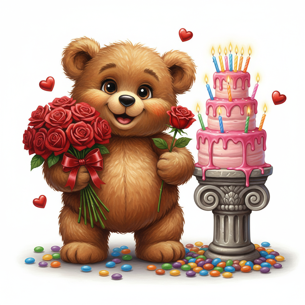 cute caricature in glossy Cute, fluffy brown teddy bear with messy, textured fur standing next to a three-tiered birthday cake. The teddy bear has a broad, cheerful expression, large, expressive eyes, and holds in one hand a bright bouquet of deep red roses tied with a bright red ribbon, while in the other hand it holds a single long-stemmed red rose. Next to the bear stands an ornate stone base with a three-tiered cake covered with smooth pink icing dripping down the sides and topped with several burning birthday candles of various colors. Small red heart-shaped decorations float in the air around the teddy bear and cake, and small, colorful pebble-like candies or sugar decorations are scattered on the floorRendering in Native 4K. oil painting, white background