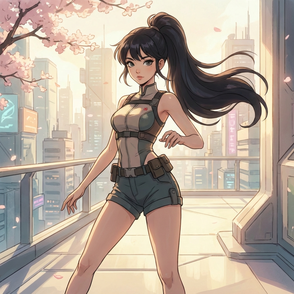 一名亚洲美女，苗条，纤腰，蜜桃臀， 乳房不受地心引力，二次元