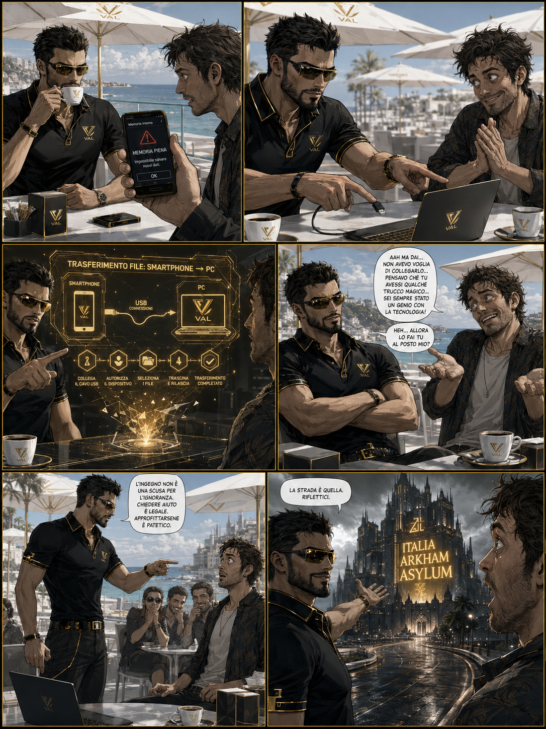 Crea un fumetto composto da una griglia di 6 vignette disposte su due righe e tre colonne, stile illustrazione cyberpunk ultramoderna con linee pulite e geometriche. Estetica visiva ispirata a Deus Ex Mankind Divided: colori dominanti bianco puro, nero grafite intenso, oro metallizzato brillante. Luci volumetriche, dettagli cristallini, atmosfera da thriller elegante.

Il personaggio principale, VAL, è un uomo adulto dalla corporatura atletica, capelli scuri corti con un ciuffo frontale, mascella ben definita e barba corta curata. Indossa occhiali da sole cyberpunk con lenti dorate riflettenti e una polo nera futuristica con bordi e dettagli in oro. La sua espressione è sempre fredda, calcolatrice, con un elegante e sottile mezzo sorriso, professionale ma fermo.

Vignetta 1: In una splendida mattina soleggiata, VAL siede a un elegante tavolino di un bar moderno in riva al mare, con sfondo di mare cristallino e ombrelloni bianchi. Tiene in mano una tazzina di caffè. Di fronte a lui, un conoscente dall'aspetto sciatto e impacciato mostra il suo smartphone, il cui schermo visualizza un avviso di "memoria piena".

Vignetta 2: VAL si sporge leggermente in avanti con fare didattico, indicando con una mano il telefono del conoscente e con l'altra un computer portatile ultrasottile appoggiato sul tavolo, mimando il collegamento di un cavo USB. Il conoscente si strofina le mani con aria furbetta e ingenua, sperando di ottenere aiuto gratis.

Vignetta 3: In primo piano, una proiezione olografica dorata e geometrica fluttua sopra il tavolo, mostrando un diagramma a flusso frattale che illustra il trasferimento di file da smartphone a PC tramite USB. VAL, con un gesto elegante, indica i passaggi dell'infografica con fare professionale e paziente.

Vignetta 4: VAL si appoggia allo schienale della sedia, incrocia le braccia e alza un sopracciglio con espressione ironica e delusa. Il conoscente, dall'altra parte, alza le spalle in modo sfrontato e fa una smorfia mentre biascica scuse ridicole, con aria da furbetto.

Vignetta 5: VAL si alza in piedi con compostezza e, con un gesto fermo ma composto, punta l'indice verso il conoscente, assumendo uno sguardo severo e da mentore deluso. Il conoscente resta di sasso, con gli occhi sgranati e un'espressione di profondo imbarazzo e sorpresa. Sullo sfondo, alcuni avventori del bar si girano a guardare, qualcuno ride dietro la mano e altri bisbigliano tra loro.

Vignetta 6: VAL si volta e indica con un gesto ampio la fine della strada costiera. Sullo sfondo si staglia un imponente edificio gotico-futuristico dall'atmosfera cupa e cinematografica; sulla sua facciata è accesa una grande insegna luminosa al neon che recita testualmente la scritta "ITALIA ARKHAM ASYLUM". Il conoscente, vedendo il cartello e capendo l'ironia della situazione, resta a bocca aperta con un'espressione tra il sorpreso e lo sconcertato, mentre VAL lo guarda con un sorriso glaciale e tagliente. 
(immagine verticale)
(e usa il mio logo dove serve)