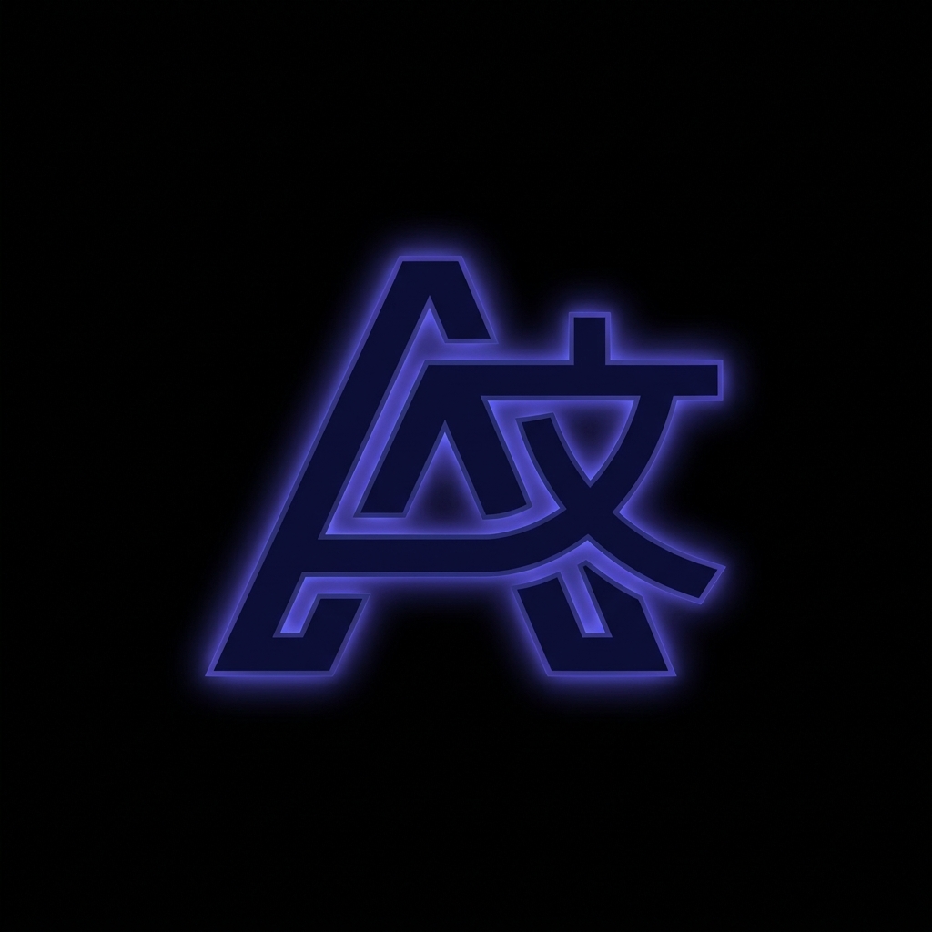 iconic logo design, black background, bold simplified symbol merging A and 文 into one shape, geometric, minimal, strong silhouette, slight neon edge glow, modern tech brand style, no extra elements, centered