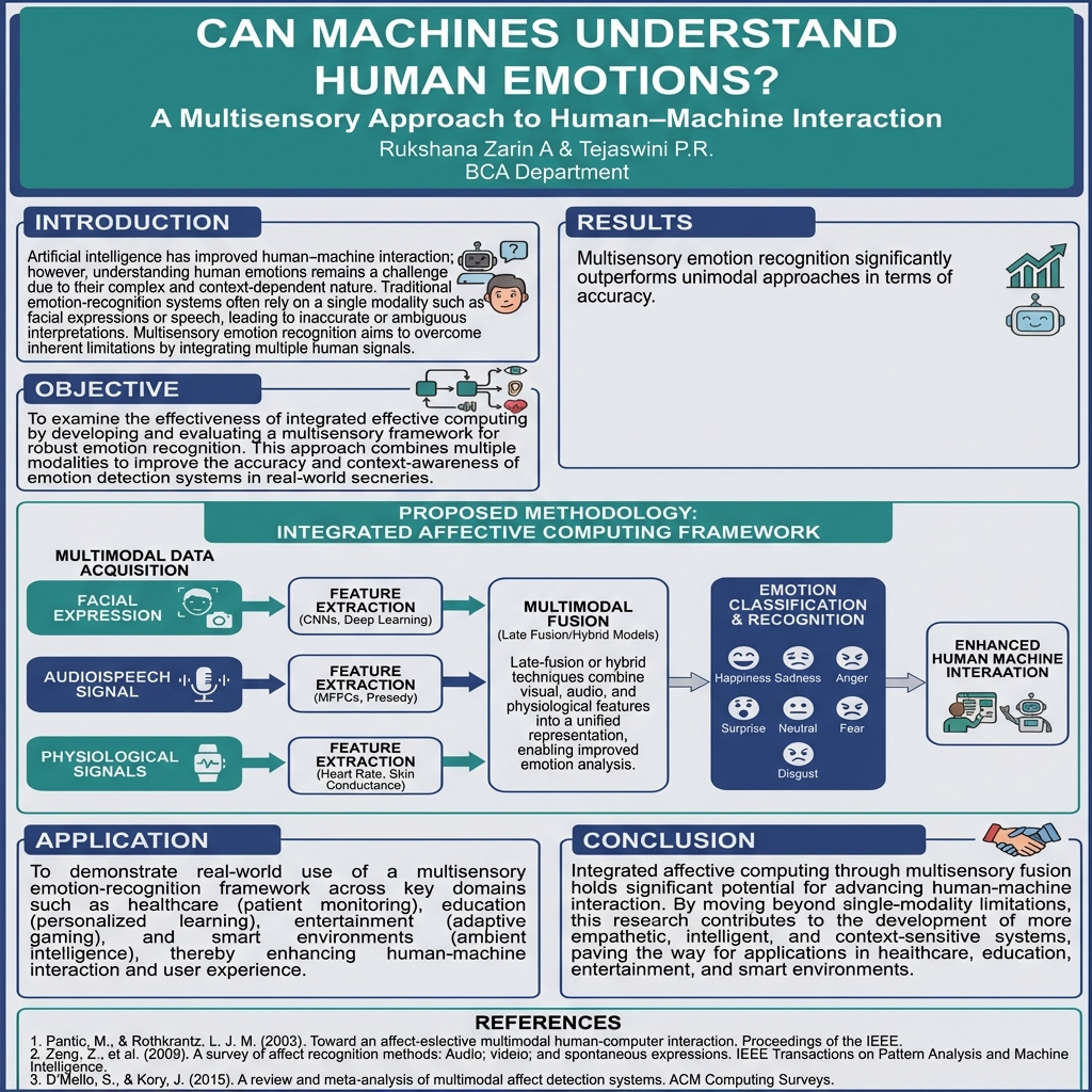 INTRODUCTION (Errors → Corrections)

❌ hmproved → ✅ improved
❌ inconsertent / inconserent → ✅ inconsistent
❌ imrallfite / imrallitie → ✅ inherent
❌ spitich / spitich → ✅ speech

✅ Correct INTRODUCTION (USE THIS EXACTLY)

Artificial intelligence has improved human–machine interaction; however, understanding human emotions remains a challenge due to their complex and context-dependent nature. Traditional emotion-recognition systems often rely on a single modality such as facial expressions or speech, leading to inaccurate or ambiguous interpretations. Multisensory emotion recognition aims to overcome inherent limitations by integrating multiple human signals.

2️⃣ METHODOLOGY – MULTIMODAL FUSION (Major errors here)

❌ combinee → ✅ combines
❌ physio-logical (broken) → ✅ physiological
❌ conextine / connexte → ✅ contextual
❌ reprsentation → ✅ representation

✅ Correct MULTIMODAL FUSION TEXT

Late-fusion or hybrid techniques combine visual, audio, and physiological features into a unified representation, enabling improved contextual emotion analysis.

3️⃣ EMOTION LABEL ERRORS

❌ Suprsie → ✅ Surprise
❌ Feart → ✅ Fear
❌ Duplicate Disgust → ✅ Use only once

✅ Correct Emotion List

Neutral

Happy

Sad

Surprise

Fear

Disgust

4️⃣ RESULTS SECTION

❌ Accoracy → ✅ Accuracy
❌ Repeated sentence twice → ✅ Keep only once

✅ Correct RESULTS TEXT

Multisensory emotion recognition significantly outperforms unimodal approaches in terms of accuracy.

5️⃣ REFERENCES (Critical for judges)

❌ Toward affet-sensitive → ✅ Toward affect-sensitive
❌ Computing Survyes → ✅ Computing Surveys

✅ Correct Reference Example

Pantic, M., & Rothkrantz, L. J. M. (2003). Toward affect-sensitive multimodal human–computer interaction. Proceedings of the IEEE.