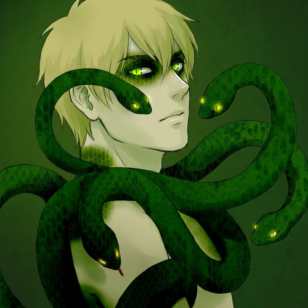 Make him look subtly to the side, maintaining a penetrating gaze; the snakes move, their eyes are directed towards the viewer.