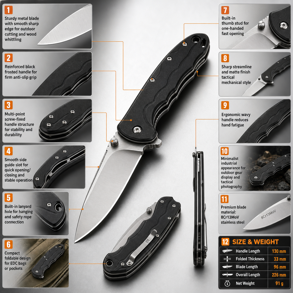## 12 Selling Points (English Amazon Version)
1. Sturdy metal blade with smooth sharp edge, perfect for outdoor cutting and wood whittling
2. Reinforced black frosted handle ensures firm grip and anti-slip performance
3. Multi-point screw fixed handle structure enhances overall stability and durability
4. Smooth side guide slot enables quick opening/closing and stable operation
5. Built-in lanyard hole at the tail for easy hanging and safety rope connection
6. Compact foldable design, easy to store in EDC bags or pockets
7. Built-in thumb stud for one-handed fast opening to meet emergency needs
8. Sharp streamline & matte finish presents classic tactical mechanical style
9. Ergonomic wavy handle design reduces hand fatigue for long-time holding
10. Minimalist industrial appearance, great for outdoor gear display & tactical photography
11. Premium blade material: 8Cr13MoV stainless steel
12. Size & Weight:
Handle Length: 130MM
Folded Thickness: 33MM
Blade Length: 96MM
Overall Length: 226MM
Net Weight: 91g