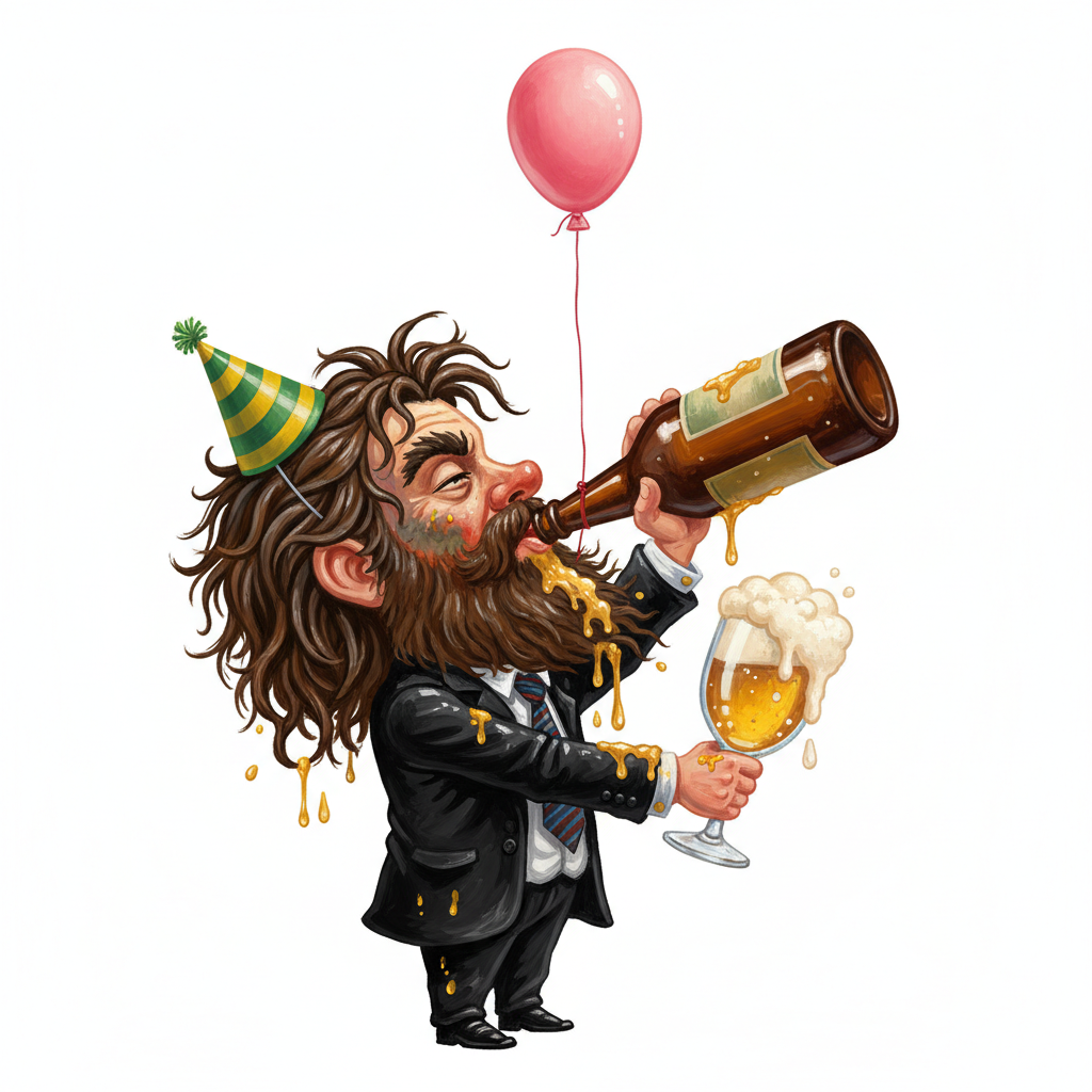 cute caricature glossy chibiCartoonish, unkempt man with a long beard and messy hair, wearing a suit and a small, green and yellow striped party hat, seen in profile chugging a large glass bottle of beer. In his other hand he holds a glass of beer with thick foam tied to a small, floating pink balloon. The man is messy and disheveled, beer runs down his arm and splashes in his face,.Rendering in Native 4K. oil painting, white background