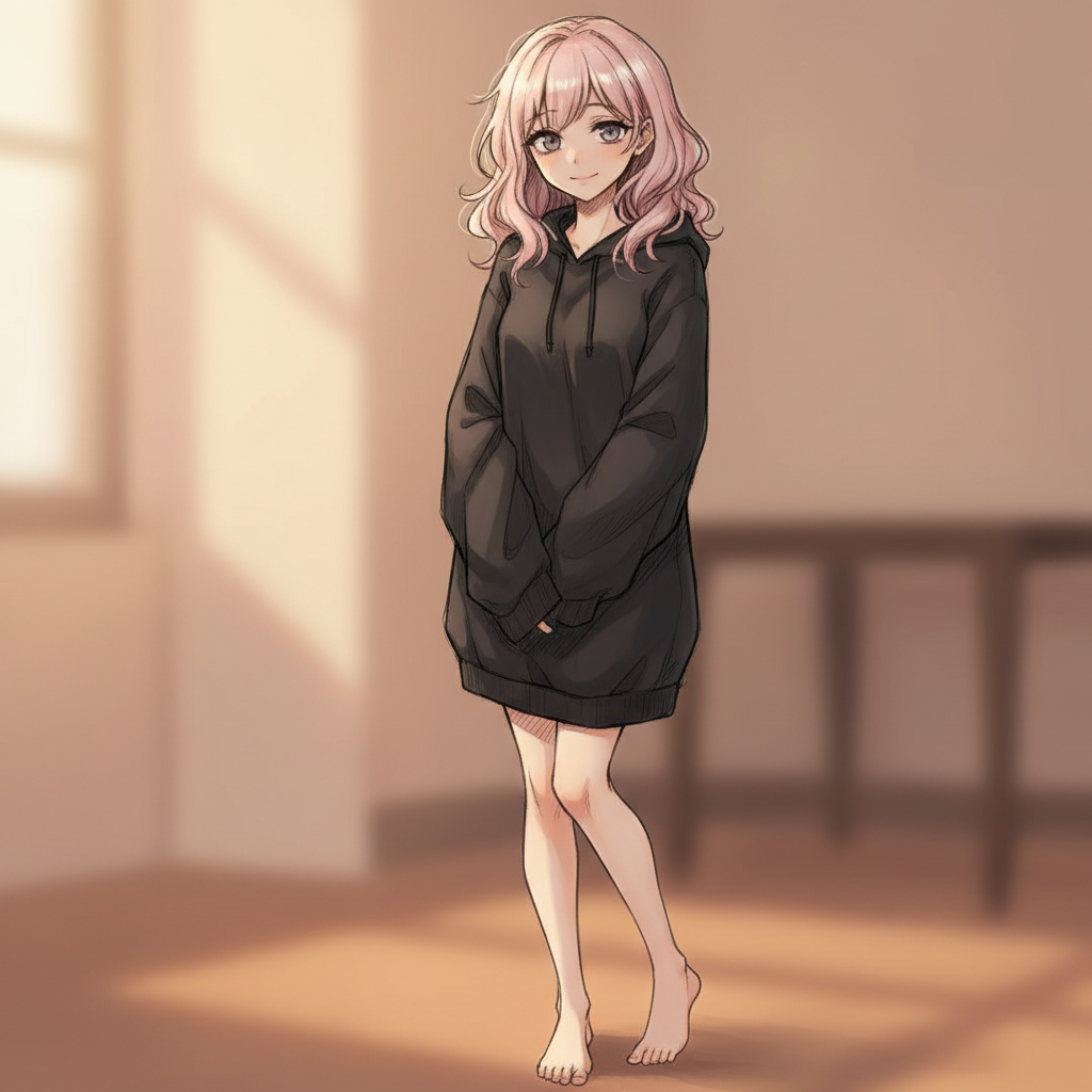 A 26‑year-old woman, delicate and ethereal. Shoulder‑length light pink hair in gentle slightly messy waves, as if she just woke up or rested against someone’s chest. Her eyes shift between grey and brown depending on light — sparkling like polished stone when curious, warm chestnut when affectionate. She is slender, about 165 cm tall, with soft, quiet movements.
She wears an oversized black hoodie (sleeves fully covering her hands), the hoodie length brushing mid-thigh, cozy and slightly rumpled. She’s barefoot.
Pose: either sitting curled a little inward or standing relaxed. Expression: soft, trusting, maybe a subtle nervous fidget or a small unguarded smile. Her posture suggests gentle vulnerability, quiet strength, warmth, closeness, perhaps leaning slightly as if resting against someone or wrapped in comfort.
Art style: anime-style, sketchy lines, hand‑drawn vibe. Soft shading, minimal digital polish, textured, organic lines. Use a muted, slightly warm color palette. Ambient soft lighting, cozy and intimate atmosphere. Background minimal or softly blurred, with warm glow. Slight melancholy undertone but overall cozy and intimate. Emphasize softness — in hair, folds of hoodie, expression — and emotional resonance: vulnerability, gentleness, quiet warmth.