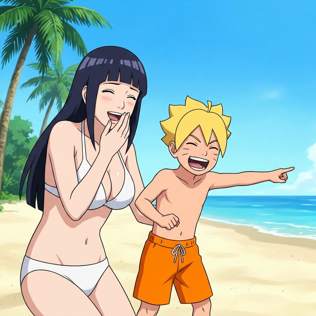 Create a scene of Hinata Hyuuga and her son, Boruto Uzumaki. Generate in the same art style of the Boruto: Naruto Next Generations.



Hinata and Boruto are in a beach, laughing. Boruto wears an orange shorts. Hinata wears a white bikini.



Hinata and Boruto are in a beach, laughing. Boruto wears an orange shorts. Hinata wears a white bikini.