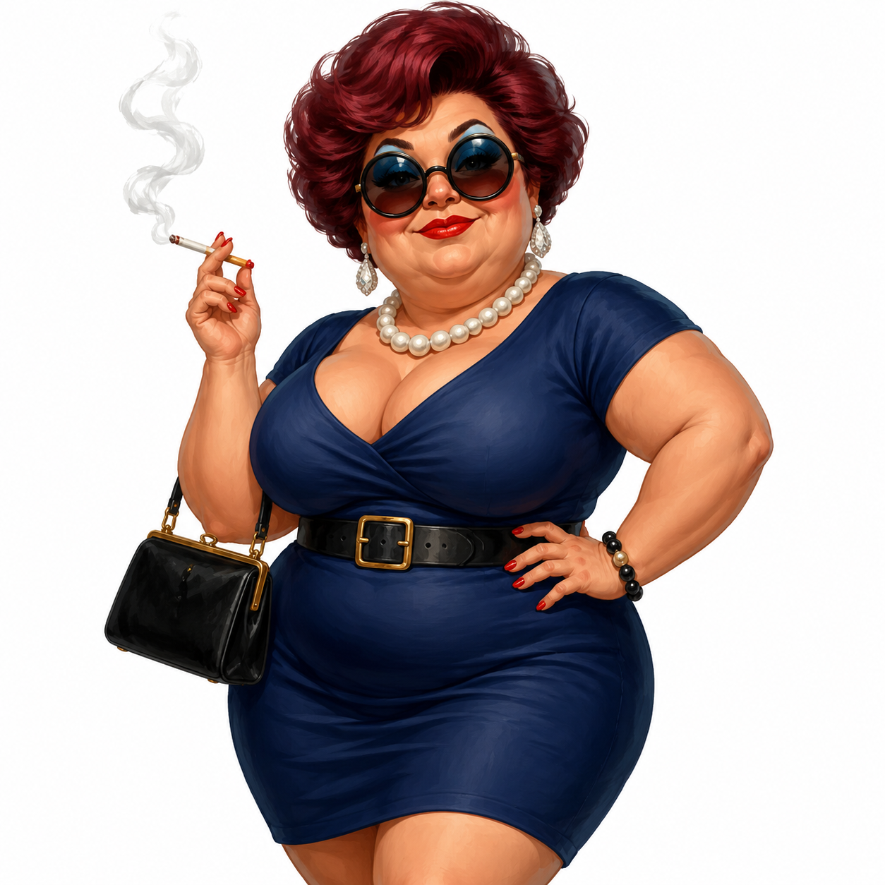 cute caricature A glamorous, chubby mature woman with a voluptuous figure and a short, voluminous, perfectly styled maroon hairstyle. She wears large, round, dark-tinted vintage glasses, strong blue eyeshadow, and bold red lipstick. She wears a figure-hugging, short-sleeved dark blue dress with a black belt with a gold buckle at the waist, complemented by a pearl necklace with pearls, diamond drop earrings and a black pearl bracelet. She stands there confidently, one hand on her hip, the other holding a small black handbag and a lit cigarette from which thin clouds of gray smoke rise. ,   Rendering in Native 4K. oil painting, white background