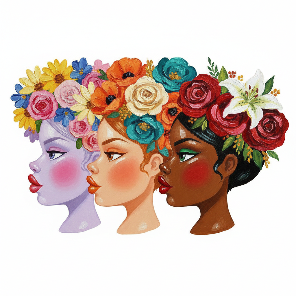 cute caricature glossy acrylic oil, chibi three women in profile, each with different skin tones and adorned with bright floral headdresses. The skin tones of the figures range from pale lavender with pink blush to rich light brown with orange highlights and deep brown with green eyeshadow. Each woman wears bright red lipstick and intricate, colorful flowers such as daisies, roses and abstract blossoms crown her heads. .Rendering in Native 4K. oil painting, hite background